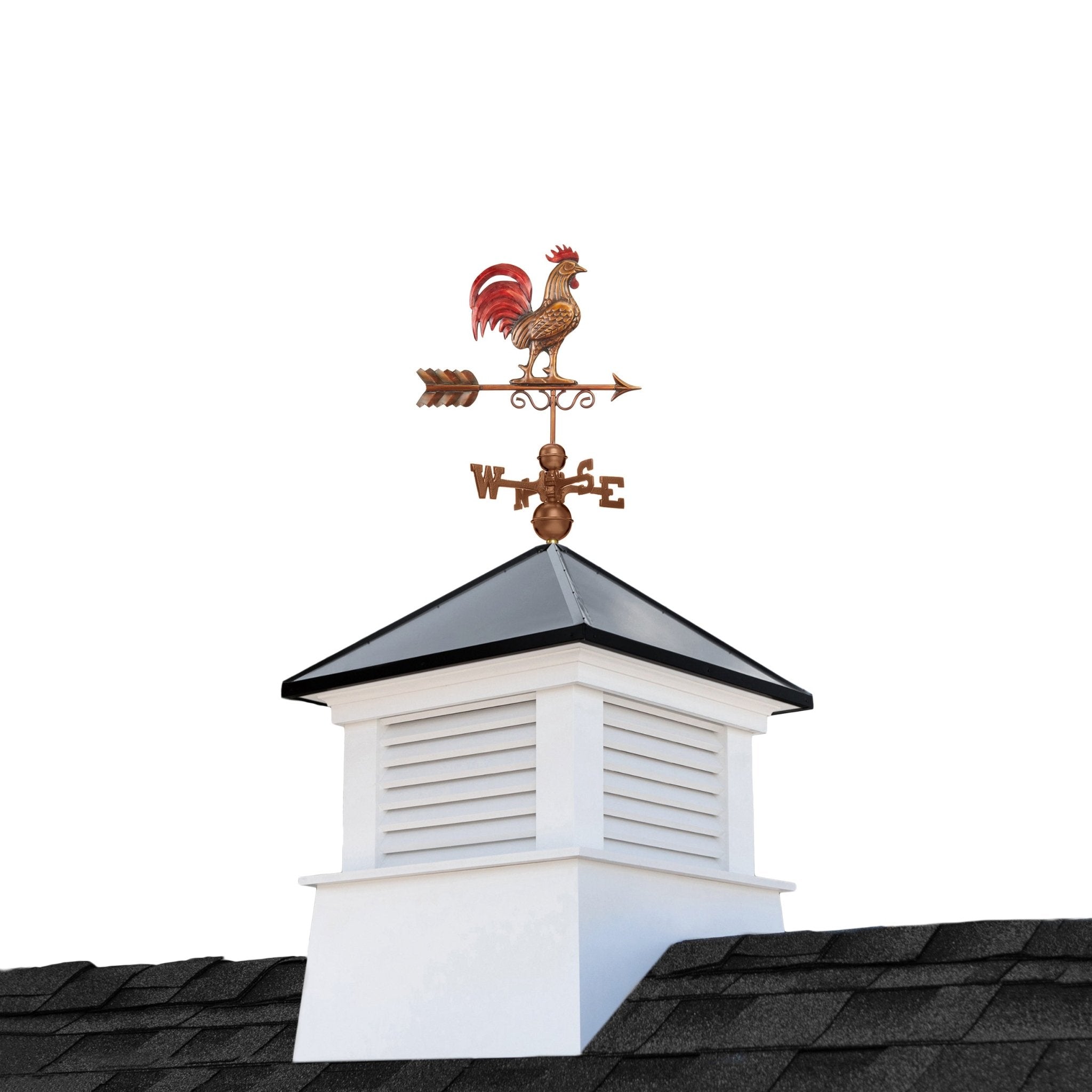 30 Square Manchester Vinyl Cupola with Black Aluminum Roof & Red Rooster Weathervane - Decorative Barn Roof Vent for Farmhouse, Garden, and Countryside Decor