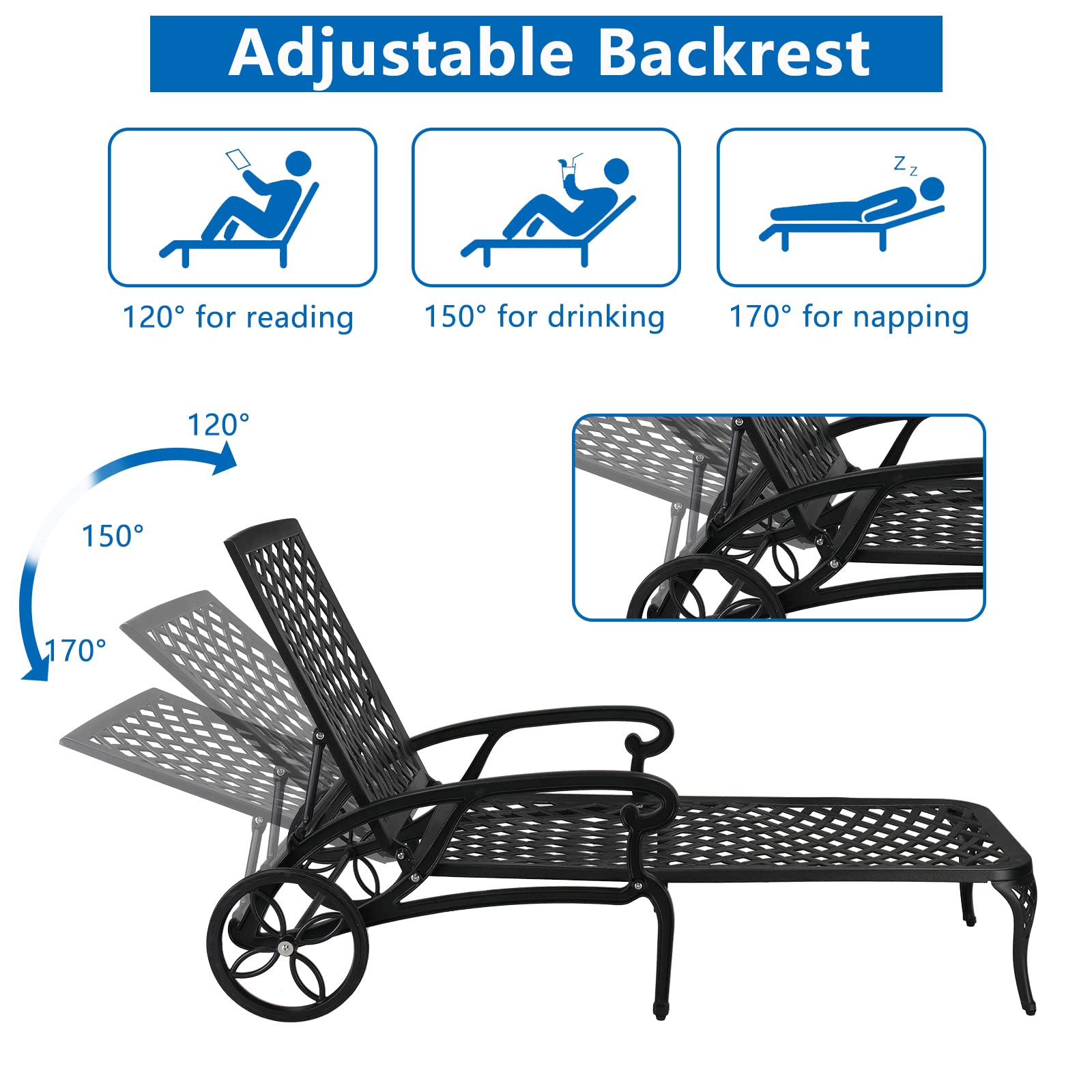 VINGLI Heavy-Duty Cast Aluminum Outdoor Chaise Lounge Chair with Wheels - Adjustable 3-Position Backrest, Weather-Resistant Patio Tanning Chair for Poolside, Beach & Backyard Relaxation (Black, Cushion Not Included)