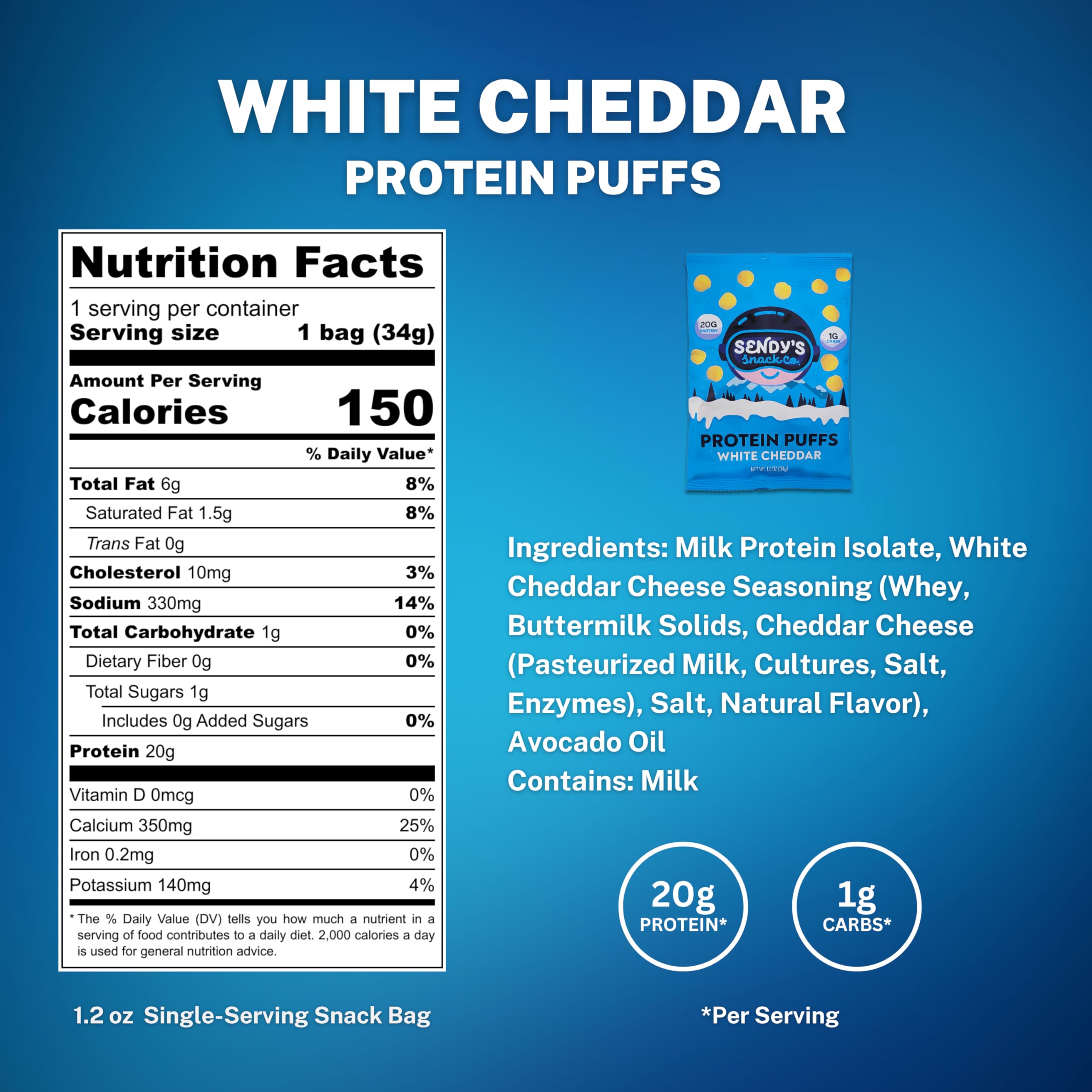 Sendy’s Protein Puffs - High Protein Cheese Snacks | Keto Friendly, Low Carb, Gluten Free | 20g Protein, 1g Net Carb | White Cheddar Flavor (6 Pack) - Perfect for Post-Workout, Keto Diet & Healthy On-The-Go Snacking