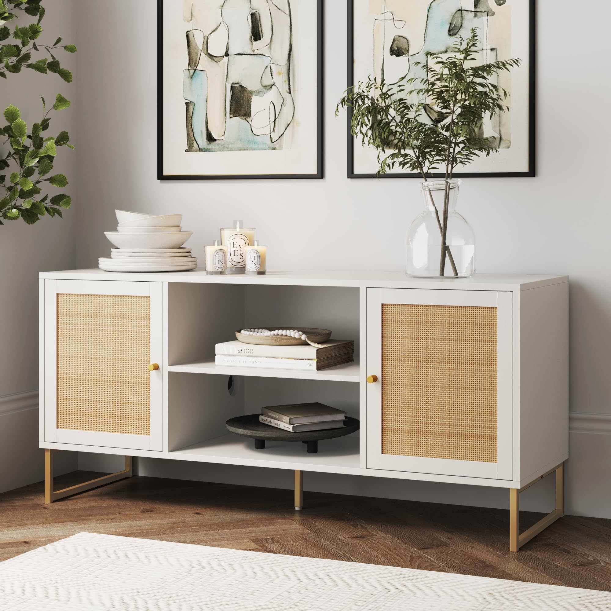 Nathan James Mina Modern TV Stand with Rattan Storage Doors - Matte White & Gold Entertainment Console for Living Room & Media Room | Stylish TV Cabinet with Brass Accents for Home Theater Setup