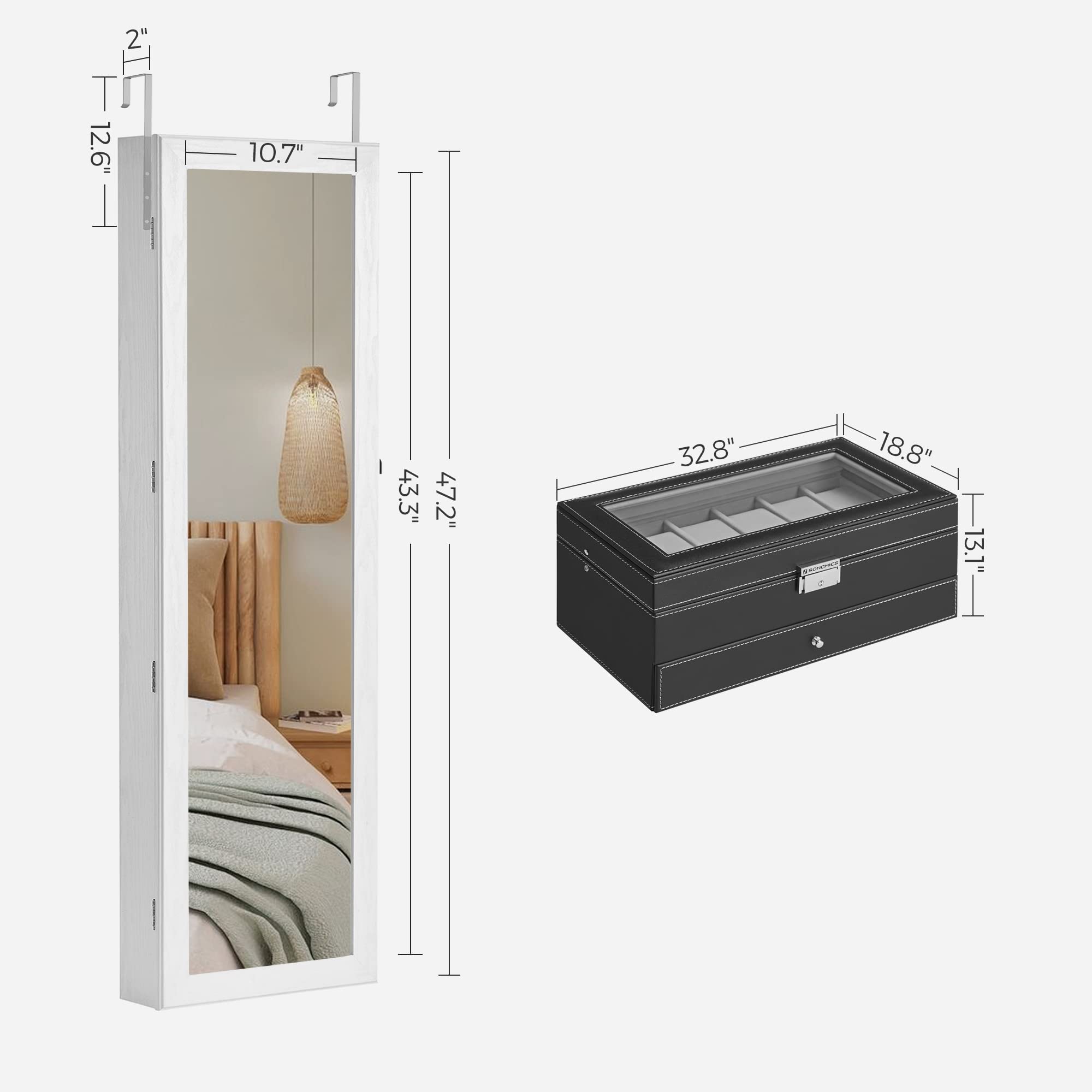 SONGMICS 6-LED Mirror Jewelry Cabinet & 12-Slot Watch Box Set - Wall Mounted Jewelry Armoire Organizer with Mirror & Watch Storage - White & Black (UJJC93W & UJWB012) - Perfect for Bedroom, Closet & Dressing Room Organization