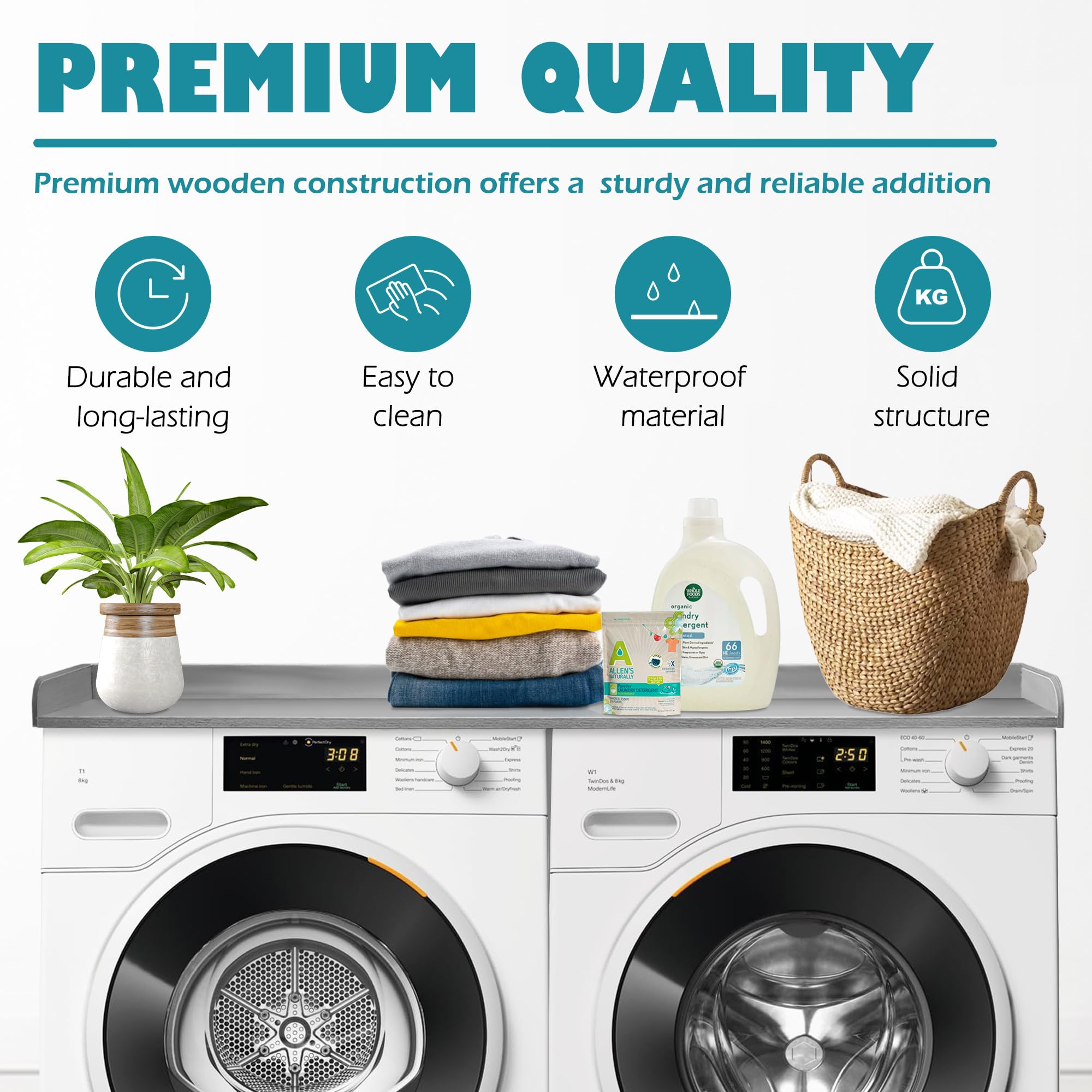 Royxen Solid Wood Laundry Countertop for Front-Load Washer and Dryer - Extra Storage Space, Gray - Perfect for Laundry Room Organization & Small Space Solutions