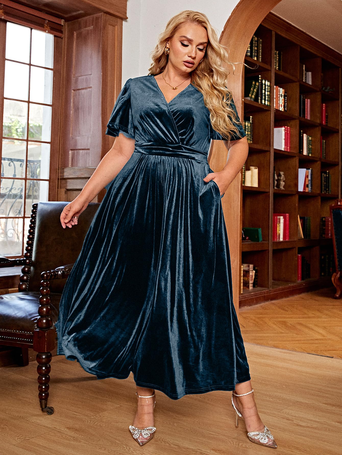 BerryGo Women's Plus Size Velvet Formal Dress for Wedding Guest - High Waisted Maternity Maxi Dress with Short Sleeve & V Neck - Elegant Slit Design for Special Occasions, Parties, and Evening Events
