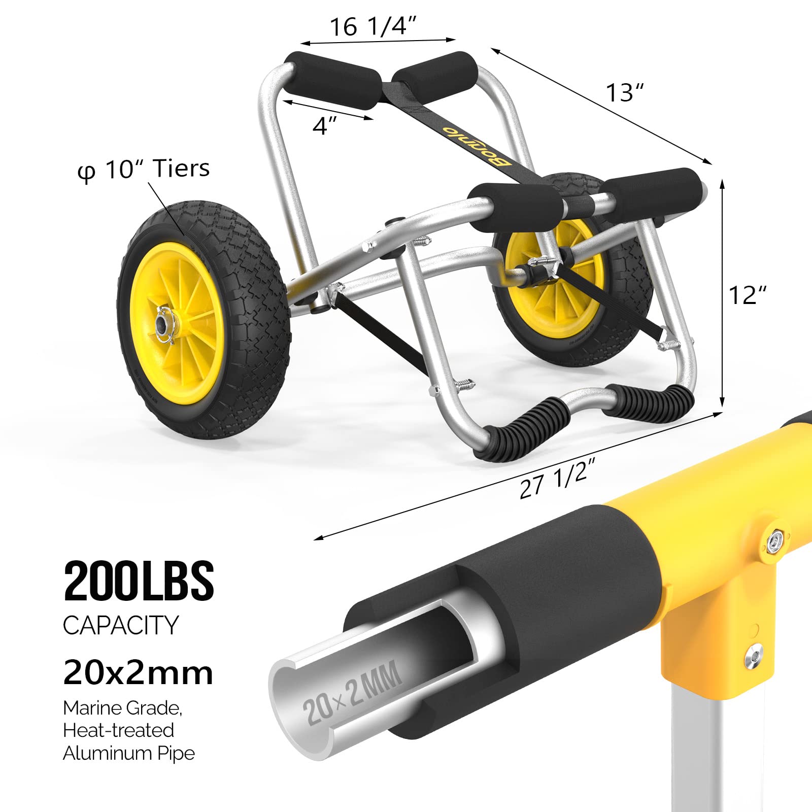 Bonnlo Kayak Cart Dolly - Detachable Canoe Wheels with Solid Tires & Kickstand - Heavy Duty Kayak Trolley for Easy Watercraft Transport - Perfect for Beach, Lake, and River Adventures