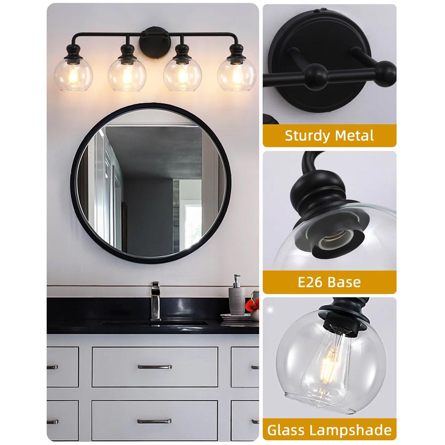 Modern Black Clear Glass 4-Light Bathroom Vanity Light - Perfect for Bathroom, Dressing Room & Makeup Area Lighting