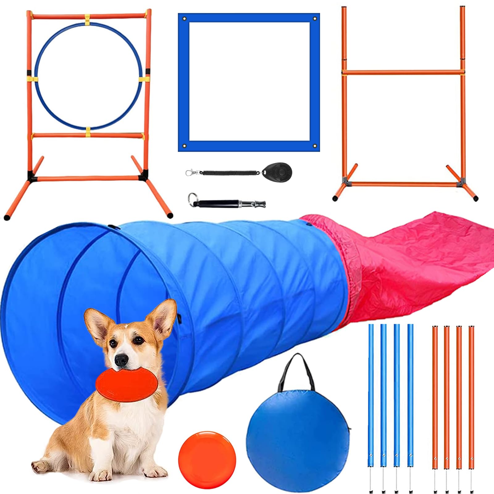 Premium Dog Agility Training Equipment Set - Complete Backyard Obstacle Course Kit with 2 Adjustable Jumps, Hurdle, Blind Tunnel, Standard Tunnel & Weave Poles for Indoor/Outdoor Dog Training & Play - Perfect for Backyard Fun, Dog Sports & Professional Agility Training