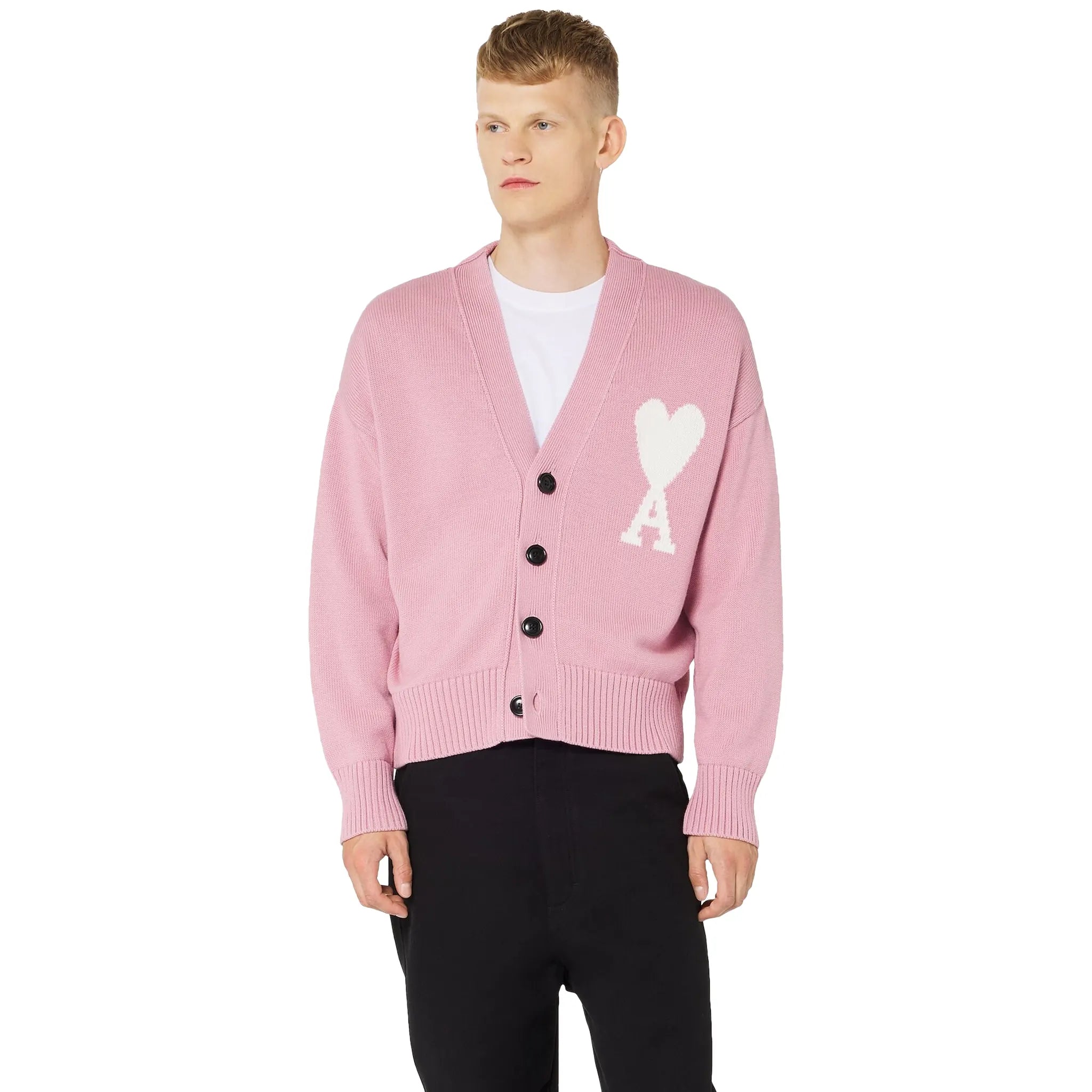 Ami Paris Ami De Coeur ADC Pink White Knit Cardigan for Women - Soft Chunky Knit Open Front Sweater | Perfect for Fall, Winter & Casual Outfits
