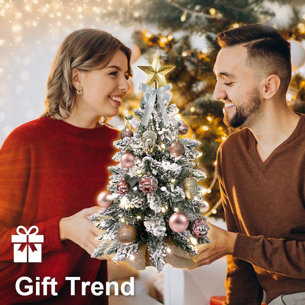 22in Flocked Snow Tabletop Christmas Tree with LED Lights - Mini Artificial Red Xmas Tree Decor for Home, Office, Party & Holiday Decoration | Perfect for Tabletops, Desks, Mantels & Holiday Displays