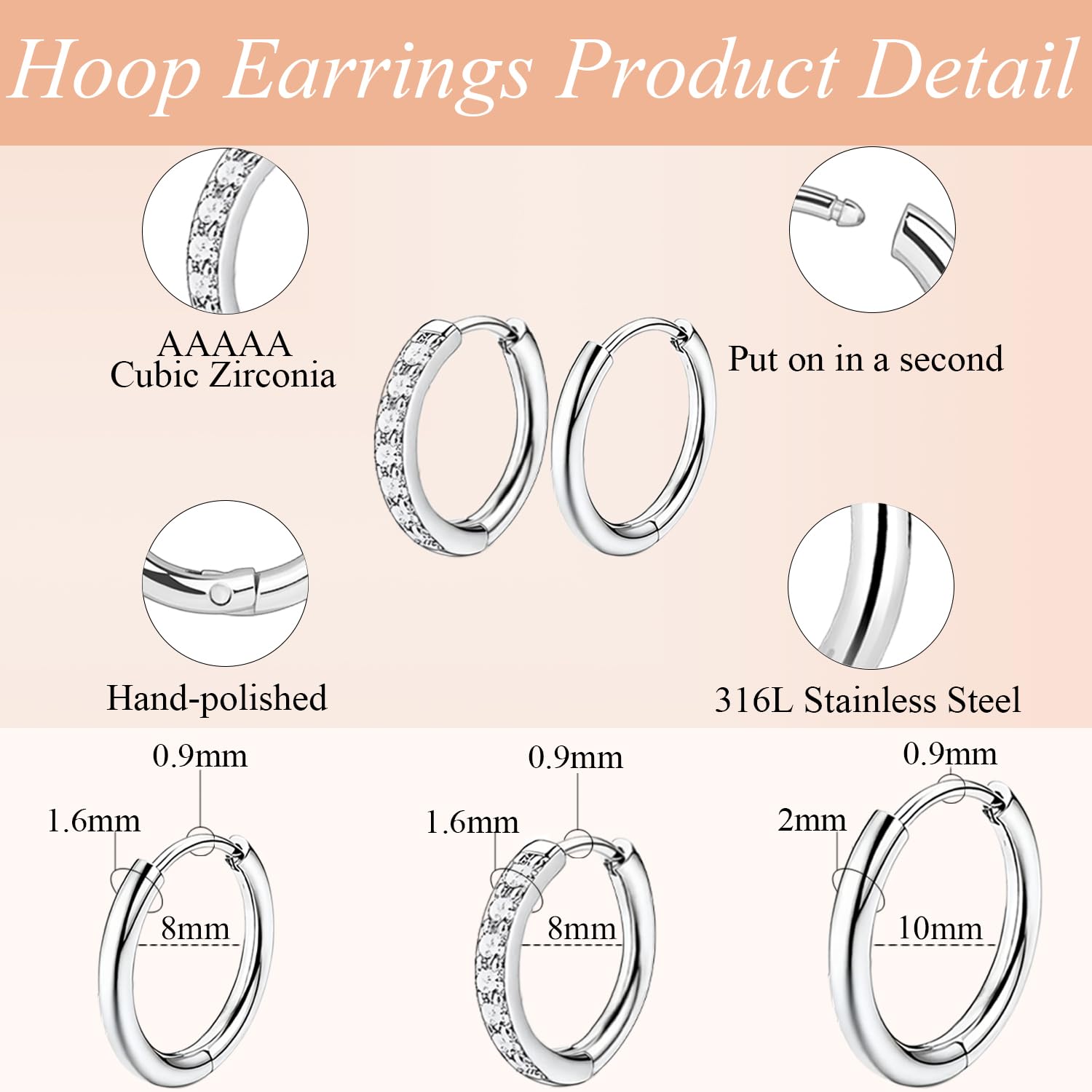 Hypoallergenic Surgical Steel Flat Back Earrings Set for Sensitive Ears - Cartilage Huggie Hoop & CZ Opal Stud Earrings for Women & Men | Perfect for Multiple Piercings, Daily Wear & Gifts