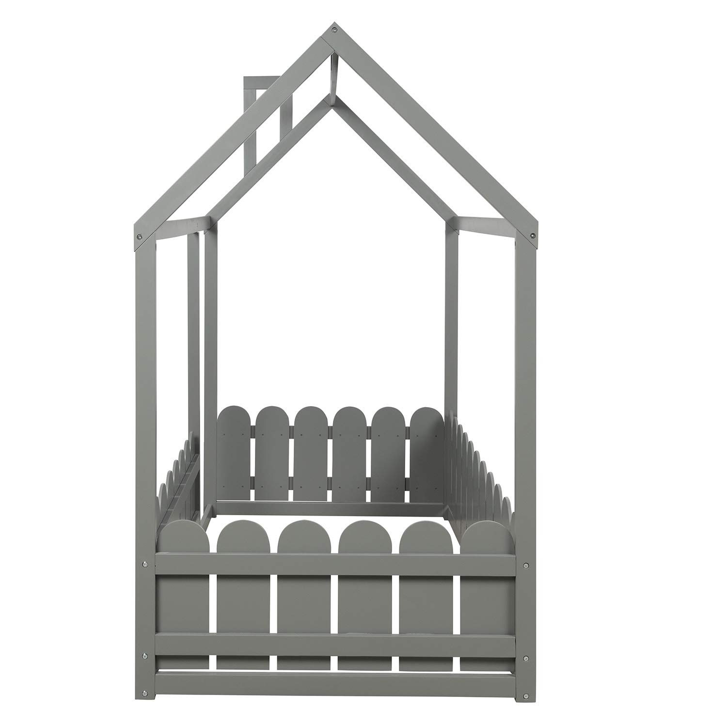 **Kids Twin Size Wood Floor Bed - House Shape Bed Frame with Roof & Fence - Cabin/Tent Bed for Children & Teens (Gray) - Perfect for Playrooms, Bedrooms & Montessori Spaces**