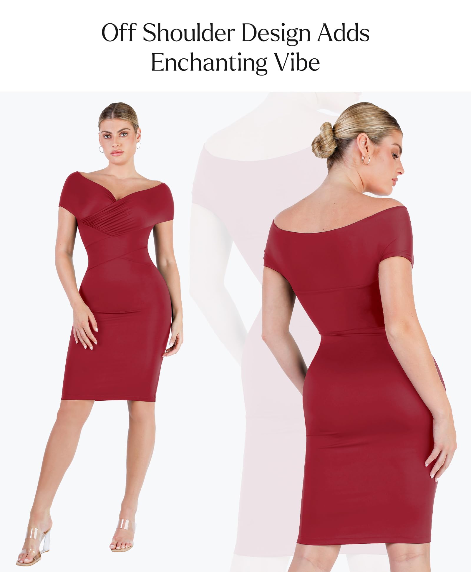 Popilush Women's Off Shoulder Cocktail Dress with Tummy Control Shapewear - Wrap V-Neck Midi Dress for Wedding Guest, Party & Formal Occasions