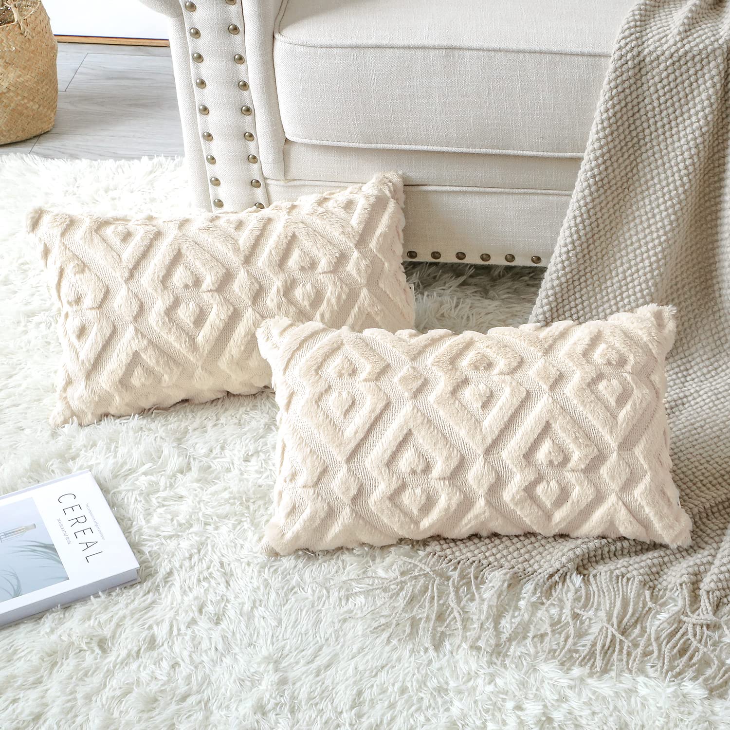 Luxury Soft Plush Short Wool Velvet Decorative Throw Pillow Covers - Pack of 2, Diamond Shape Cream Beige (12x20 Inch) - European Style Cushion Covers for Sofa, Bedroom, Living Room Decor