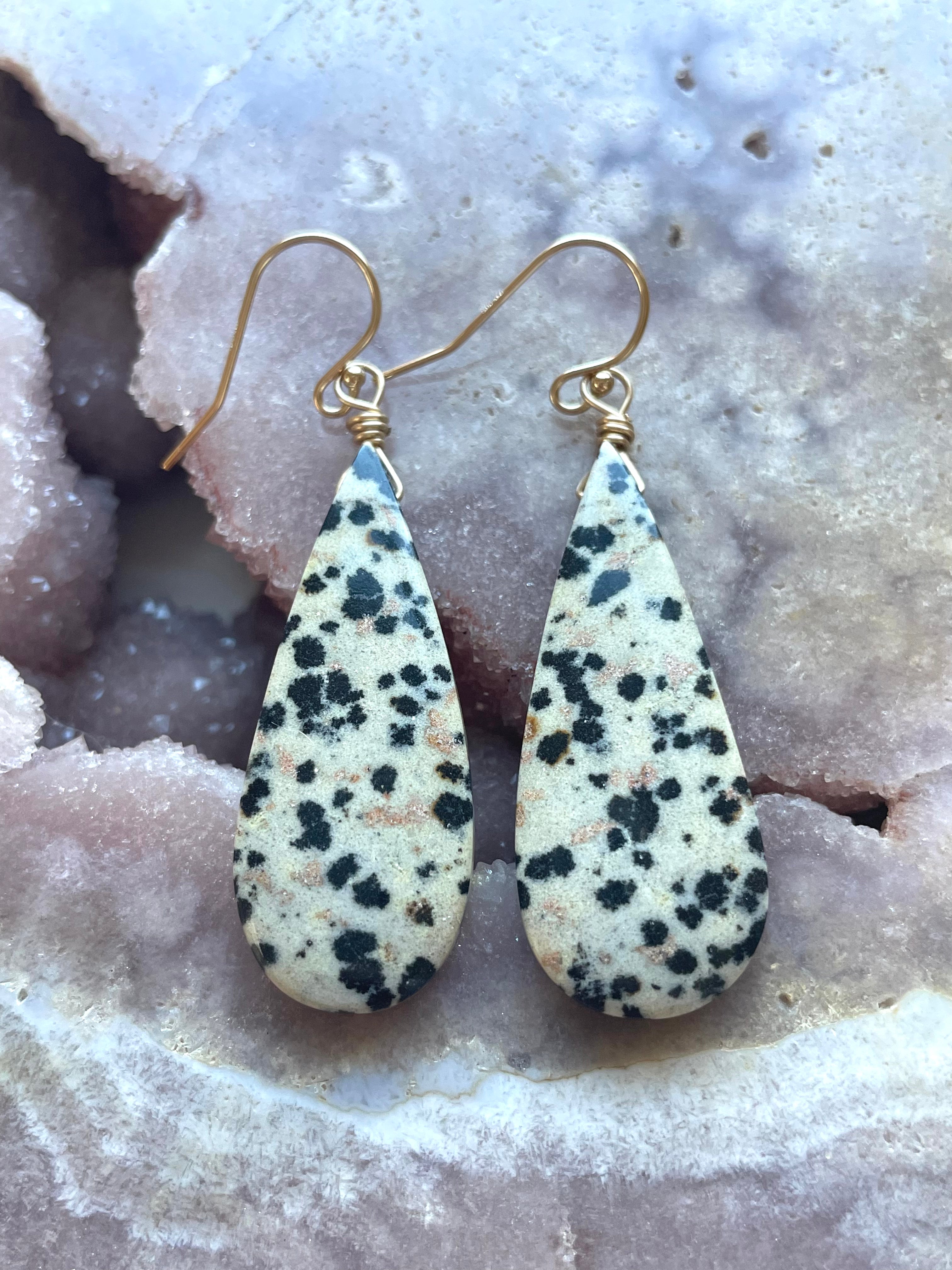 Dalmatian Jasper Dangle Earrings - 14K Gold Filled Bohemian Style Jewelry for Women - Perfect for Everyday Wear, Boho Outfits & Special Occasions