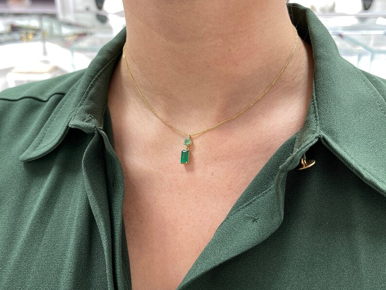 2.14tcw 14K Gold Vertical Emerald Cut & Round Dangle 4 Prong Pendant Necklace for Women - Elegant Layering Jewelry Gift for Birthday, Anniversary & Valentine's Day