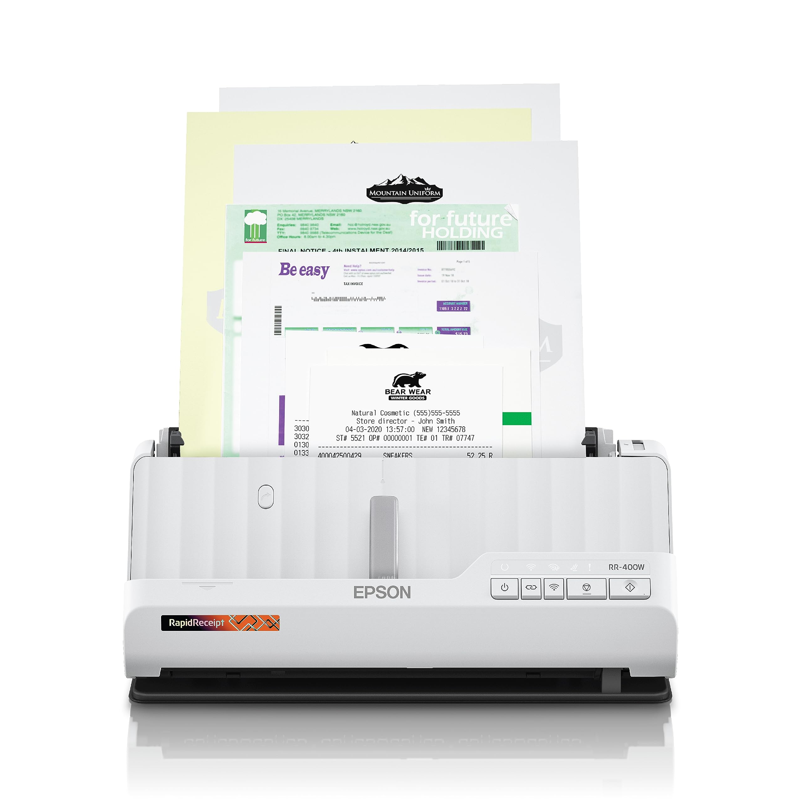 Epson RapidReceipt RR-400W Wireless Desktop Color Duplex Scanner with ScanSmart AI PRO, 20-Page ADF | Compact Receipt & Document Scanner for Home Office, Small Business Accounting | Scan Receipts, Invoices, Contracts to PDF with OCR Technology