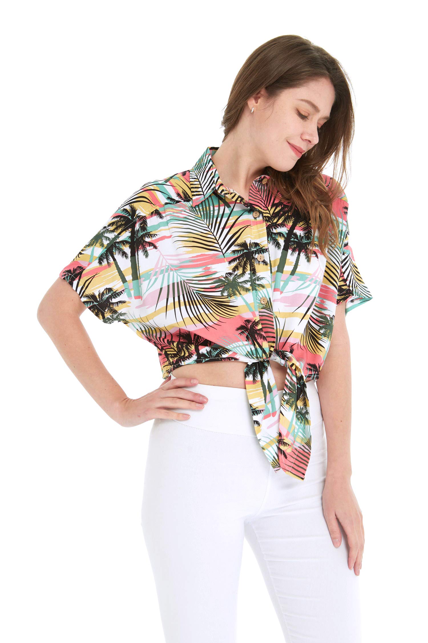 Women's Hawaiian Aloha Shirt - Floral Print Tie Front Crop Top for Summer Beach Vacation, Sunset Colors, Casual Boho Outfit