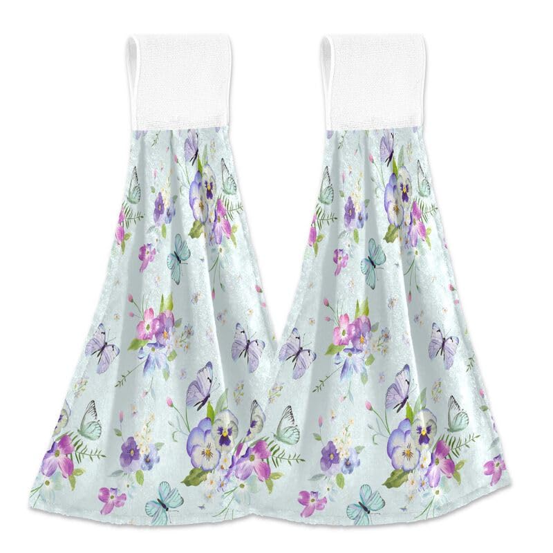 Butterfly Hand Towels Set of 2 - Absorbent Kitchen Dish Cloths with Hanging Loops for Oven, Stove & Bathroom - Floral Decorative Washcloths for Home & Kitchen Use