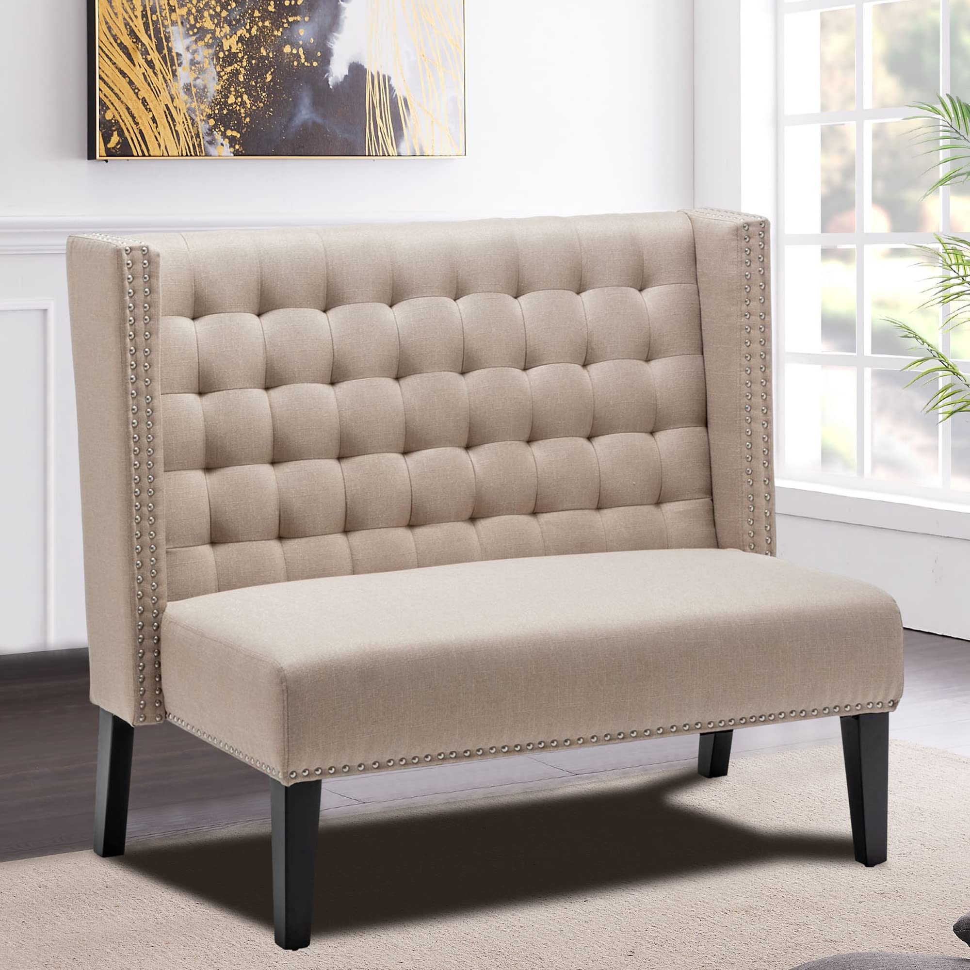 Modern Upholstered Bench with Tufted Back - Wooden Leg Loveseat Settee for Dining Room, Living Room & Entryway - Perfect for Small Spaces, Hallway Seating & Bedroom Decor (Khaki)