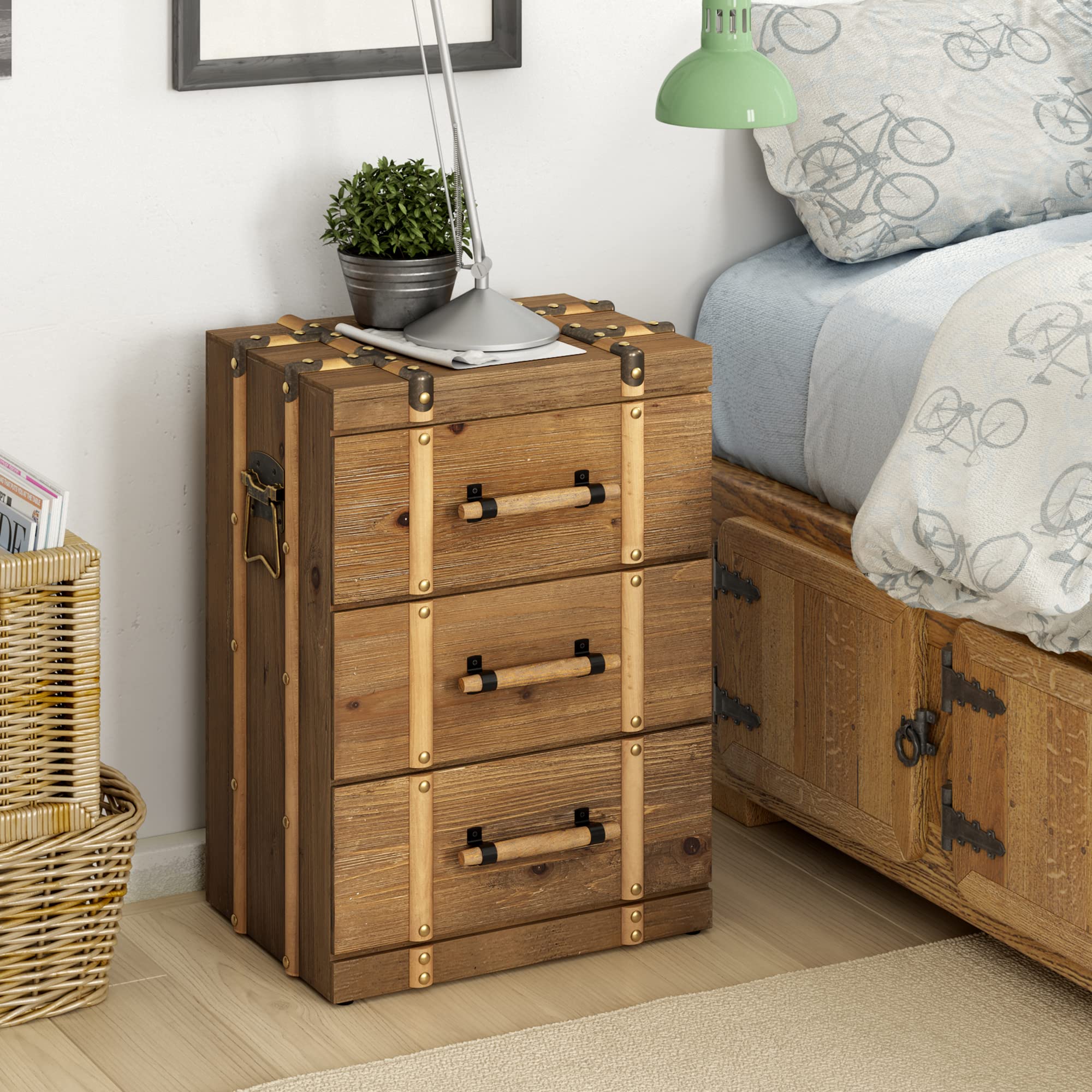 Vintage Mid Century Nightstand with 3 Drawers - Distressed Solid Wood End Table & Side Table for Bedroom & Living Room - Fully Assembled Retro Brown Finish - Perfect for Small Spaces & Guest Rooms