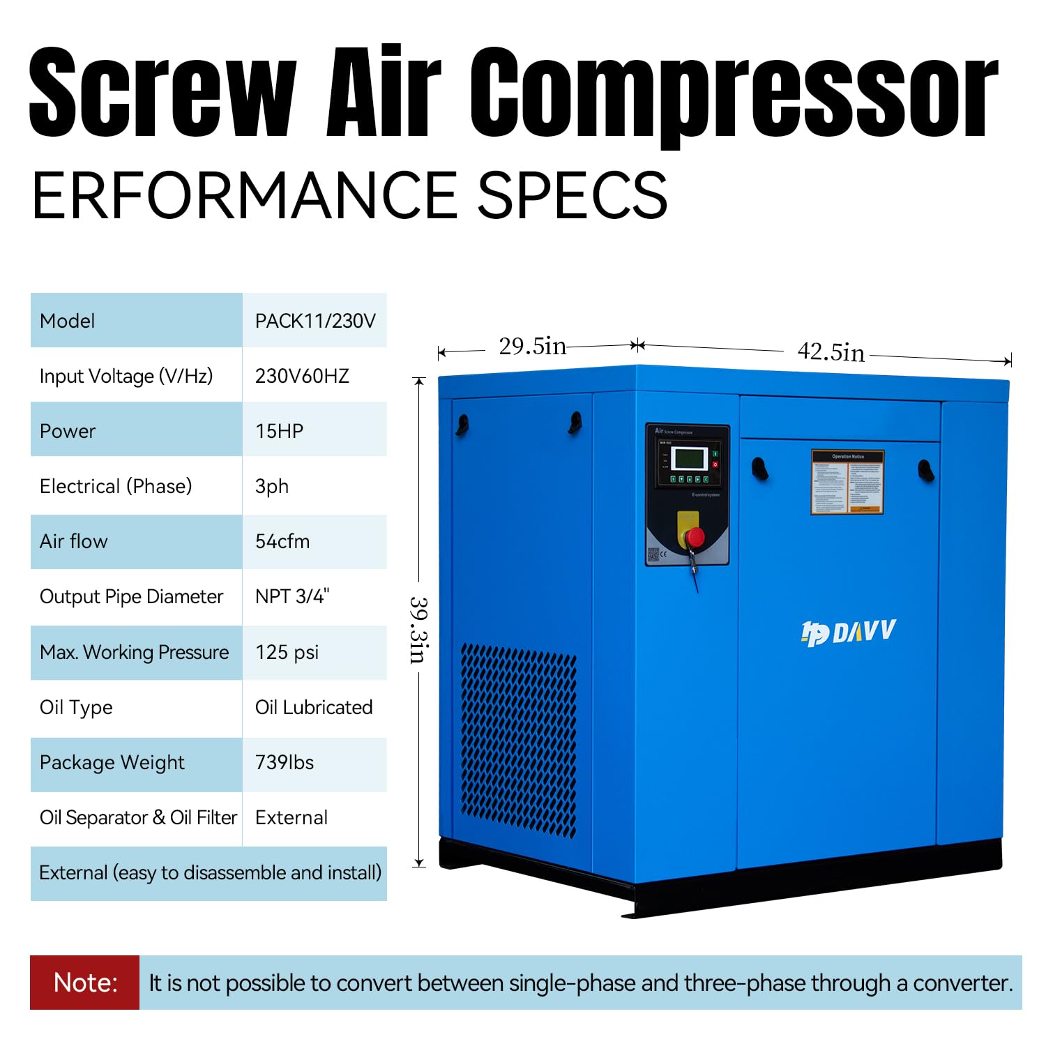 15HP 11KW 3-Phase Rotary Screw Air Compressor | 208-230V 54CFM 125PSI | NPT3/4
