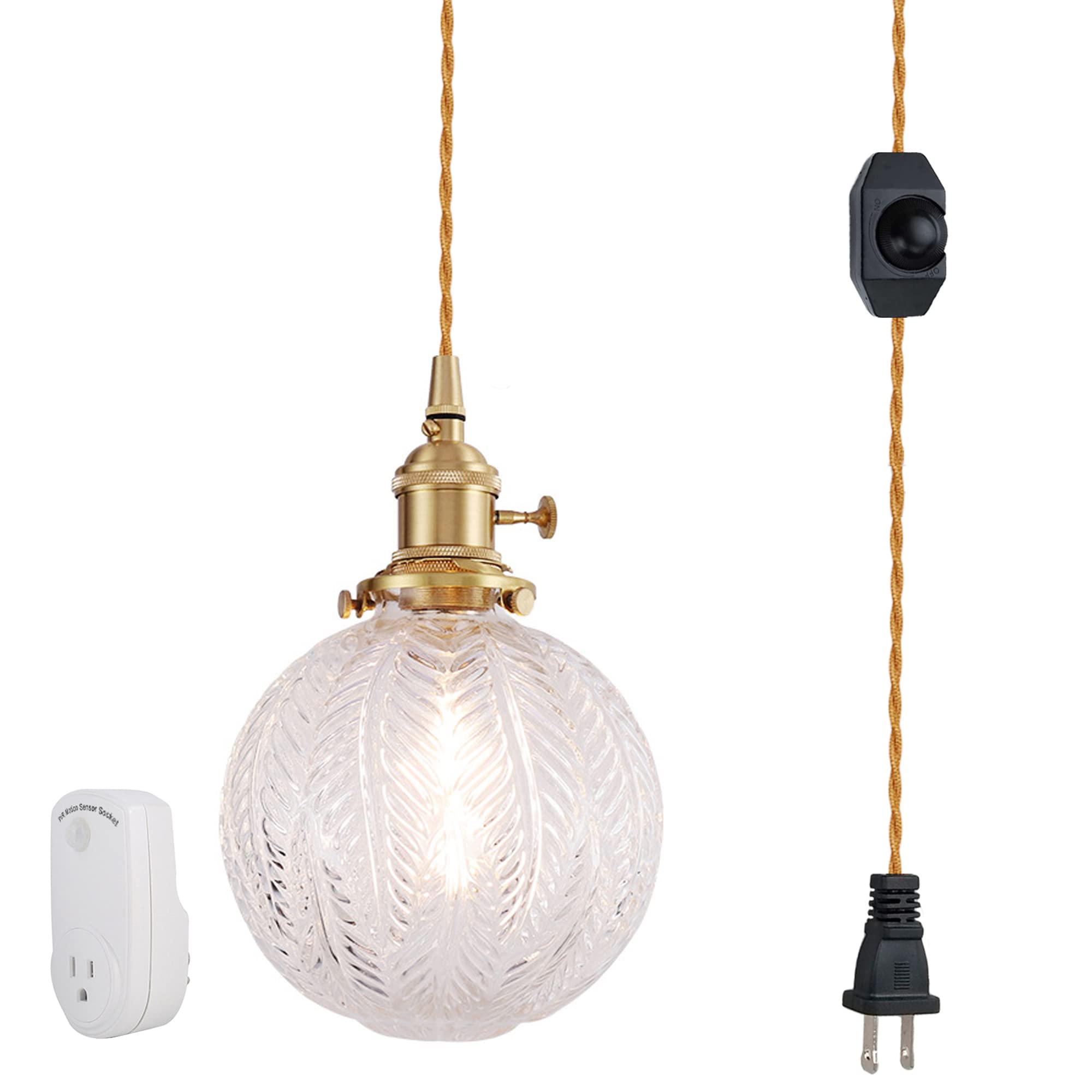 Plug-in Hanging Swag Lamp with 15ft Gold Braided Cord - No Wiring Needed, Dimmable Pendant Light with Clear Glass Globe Shade & Copper Holder - Perfect for Bedroom, Living Room, or Reading Nook Lighting