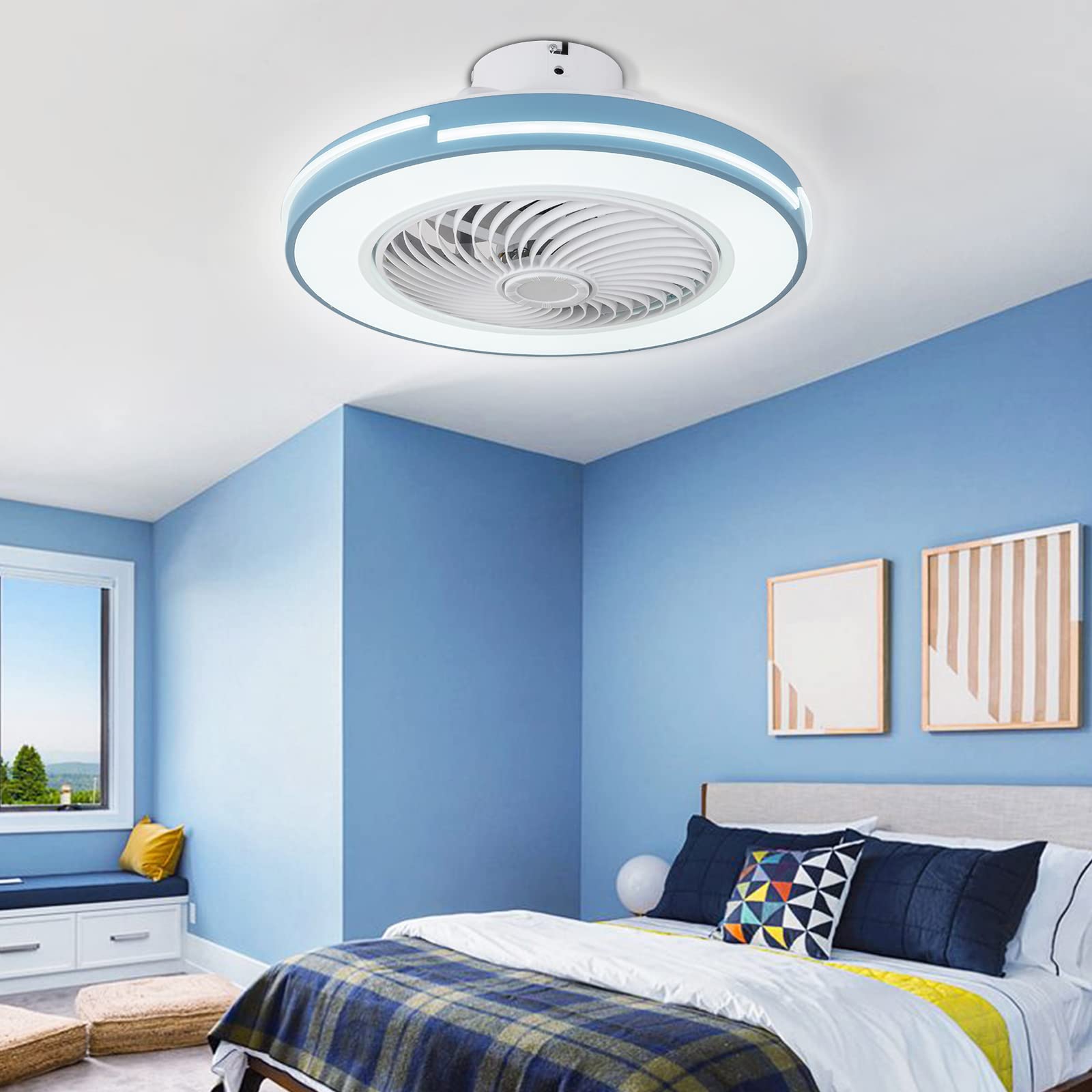 22 Inch Grey Ceiling Fan with LED Light and Remote Control - Stepless Dimming, Invisible Acrylic Blades, Metal Shell Semi Flush Mount - Perfect for Bedroom, Living Room and Office Spaces