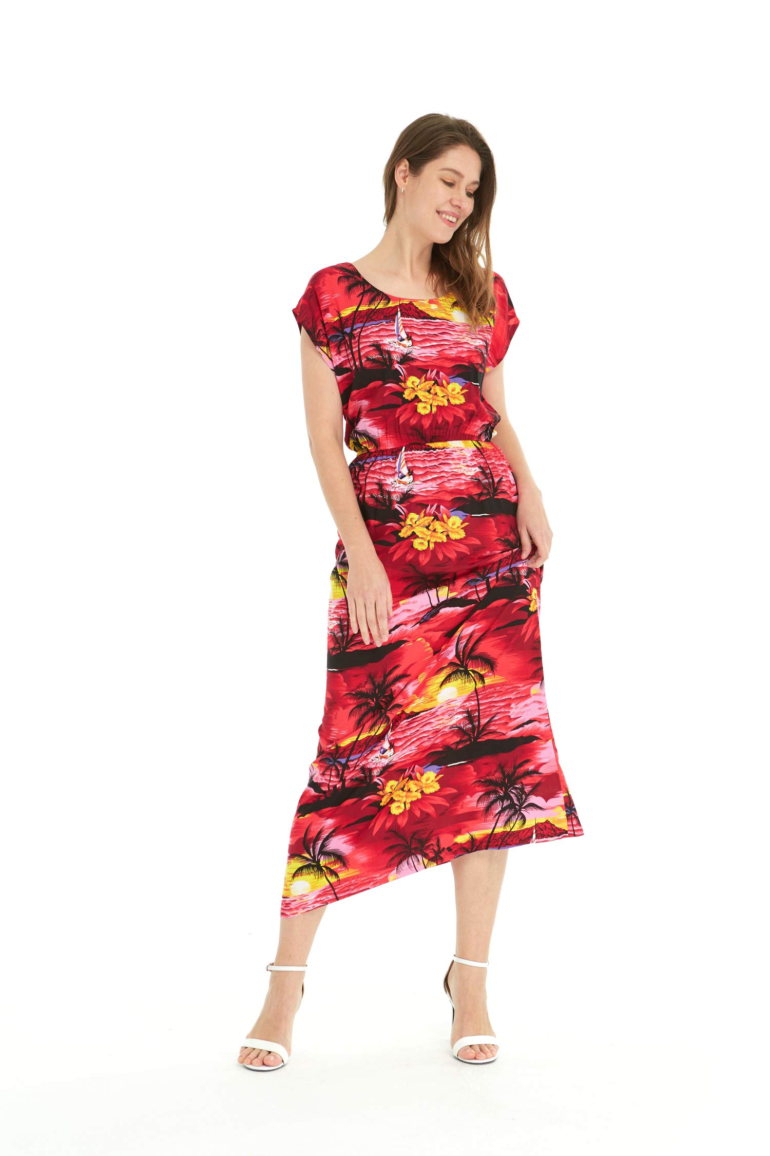 Women's Hawaiian Luau Cap Sleeve Maxi Dress - Floral Sunset Print Beach Party Dress for Summer Vacation, Poolside Wear & Tropical Getaways