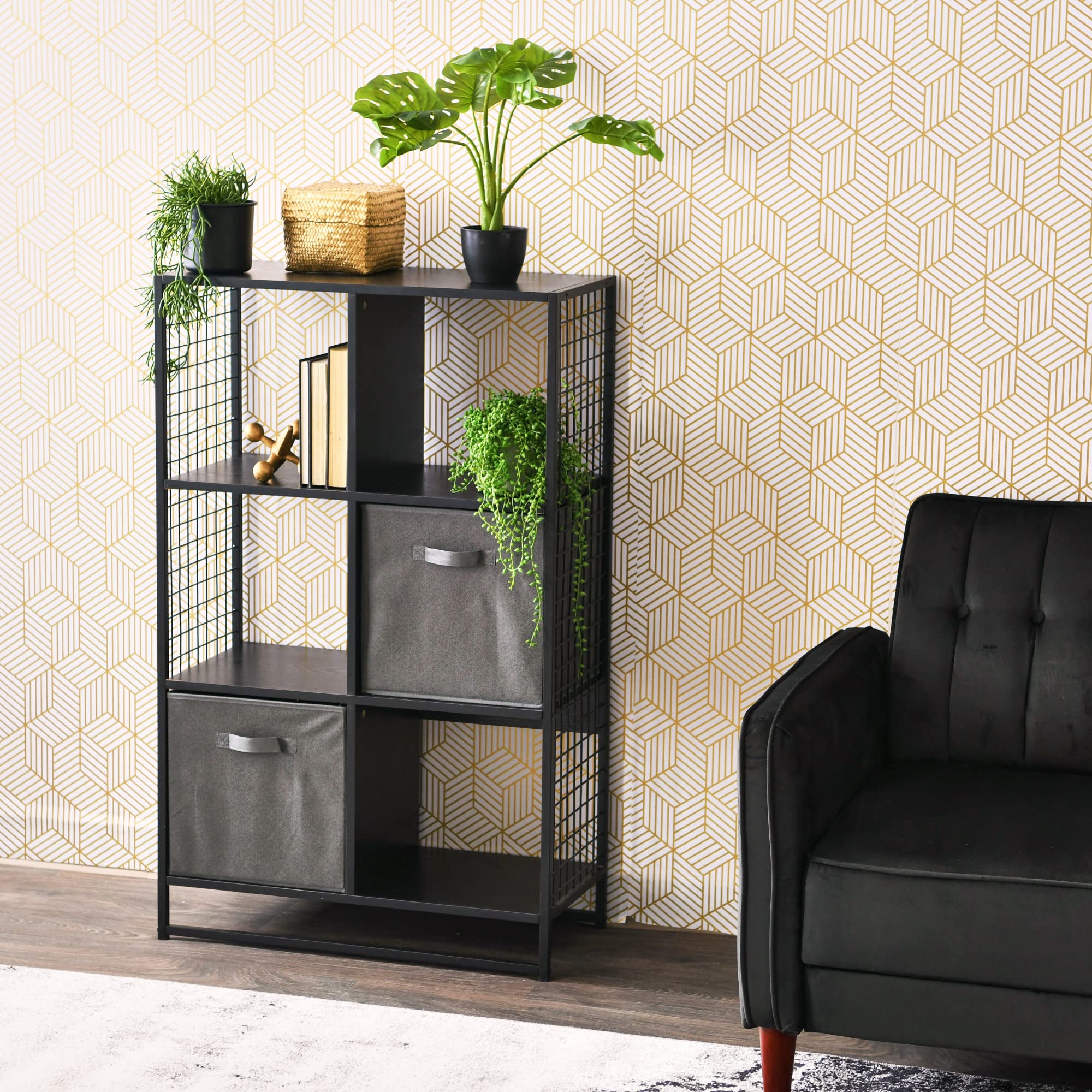 6-Cube Open Storage Bookshelf - Black Oak Wood Grain & Black Metal - Modern Trellis Design for Living Room, Bedroom, or Office Organization