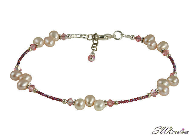 Elegant Mauve Pearl & Vintage Rose Crystal Anklet – Dainty Adjustable Ankle Bracelet for Women – Perfect for Weddings, Beach Vacations & Boho Fashion