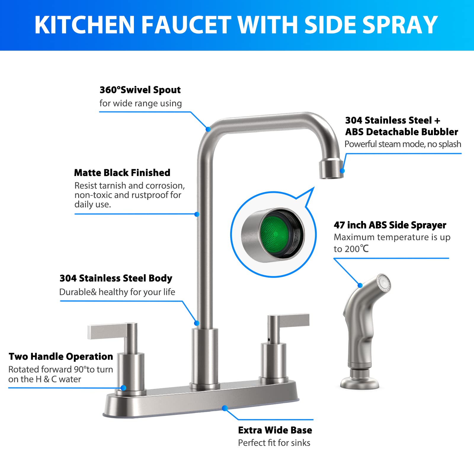 Brushed Nickel Kitchen Faucet with Pull Down Sprayer - 2 Handle Stainless Steel Sink Faucet for 3 or 4 Hole Installation - Perfect for Modern Kitchens, Dishwashing & Food Prep
