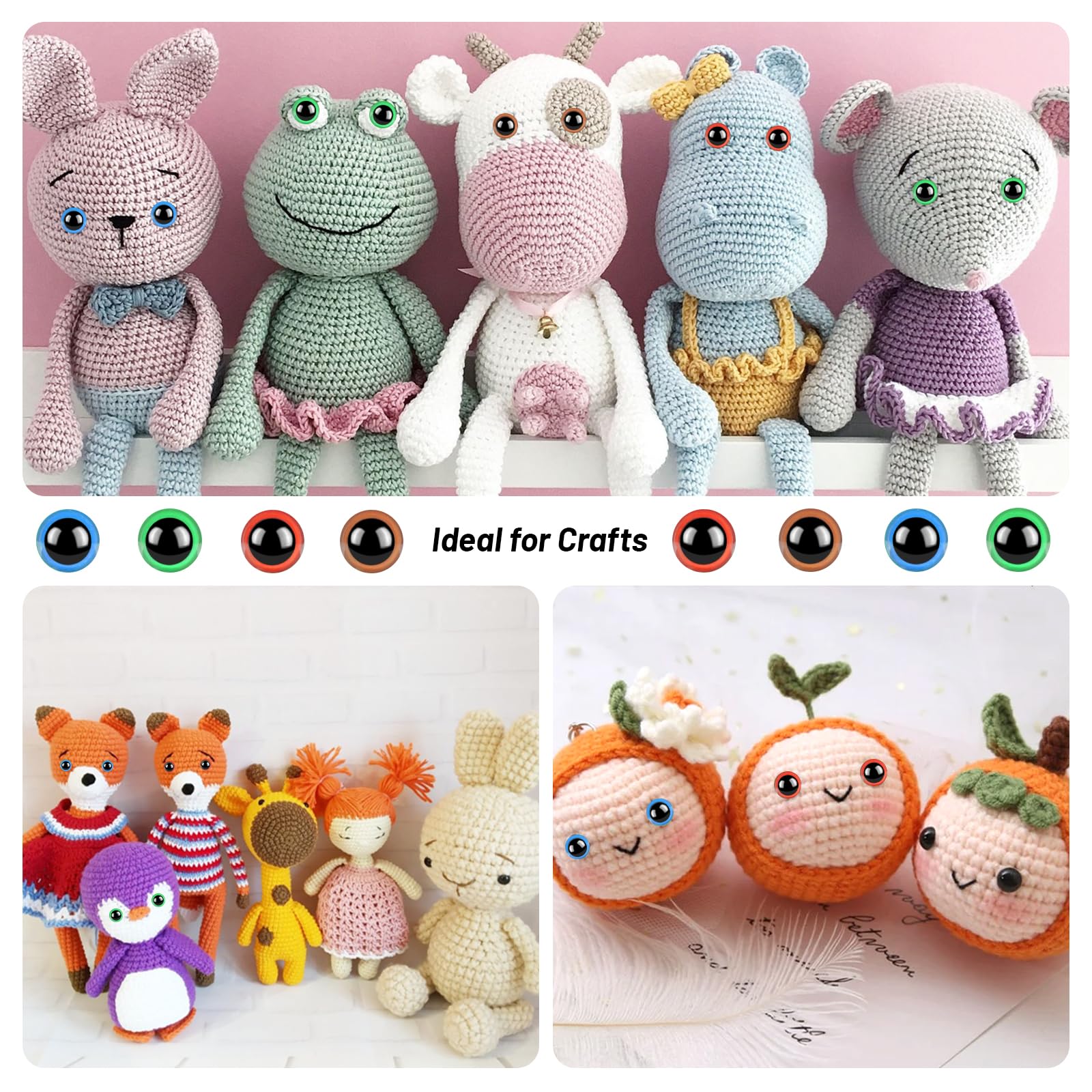 856PCS Safety Eyes and Noses for Amigurumi - 6-24mm Plastic Crochet Eyes with Washers - Black Stuffed Animal Eyes for Teddy Bear, DIY Crafts - Perfect for Amigurumi Dolls, Plush Toys, and Handmade Gifts