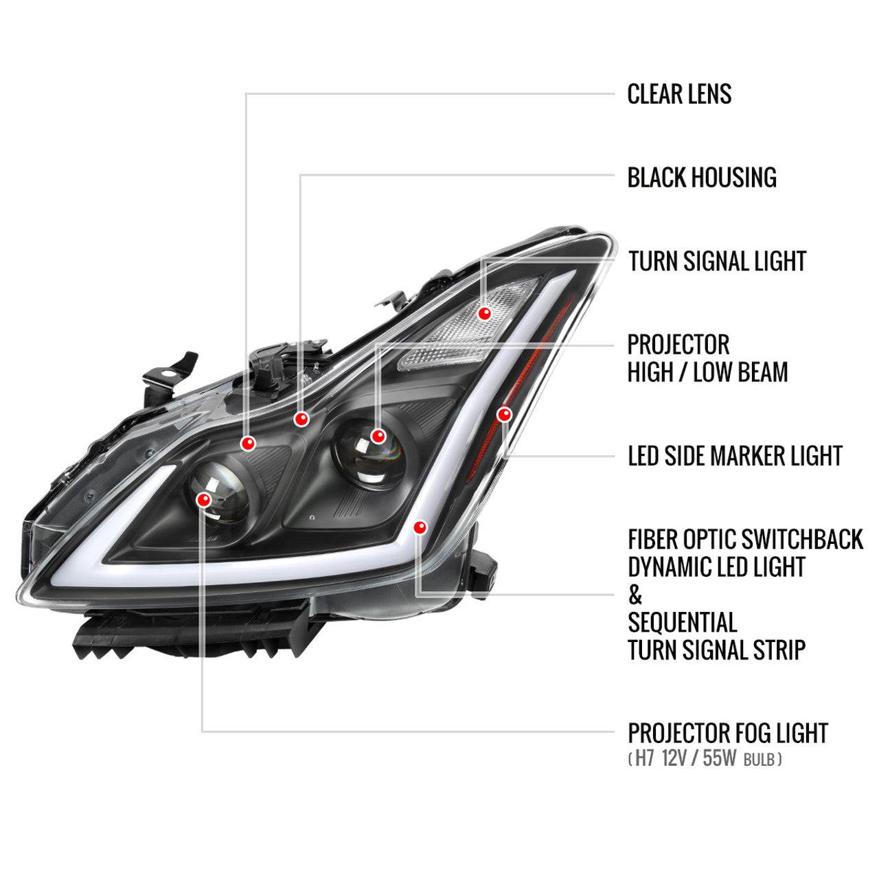 2008-2013 Infiniti G37 / 2014-2015 Q60 Coupe & Convertible LED Headlight Set with Sequential Switchback Turn Signal & Projector - Matte Black Housing & Clear Lens - Upgrade for Night Driving & Enhanced Visibility