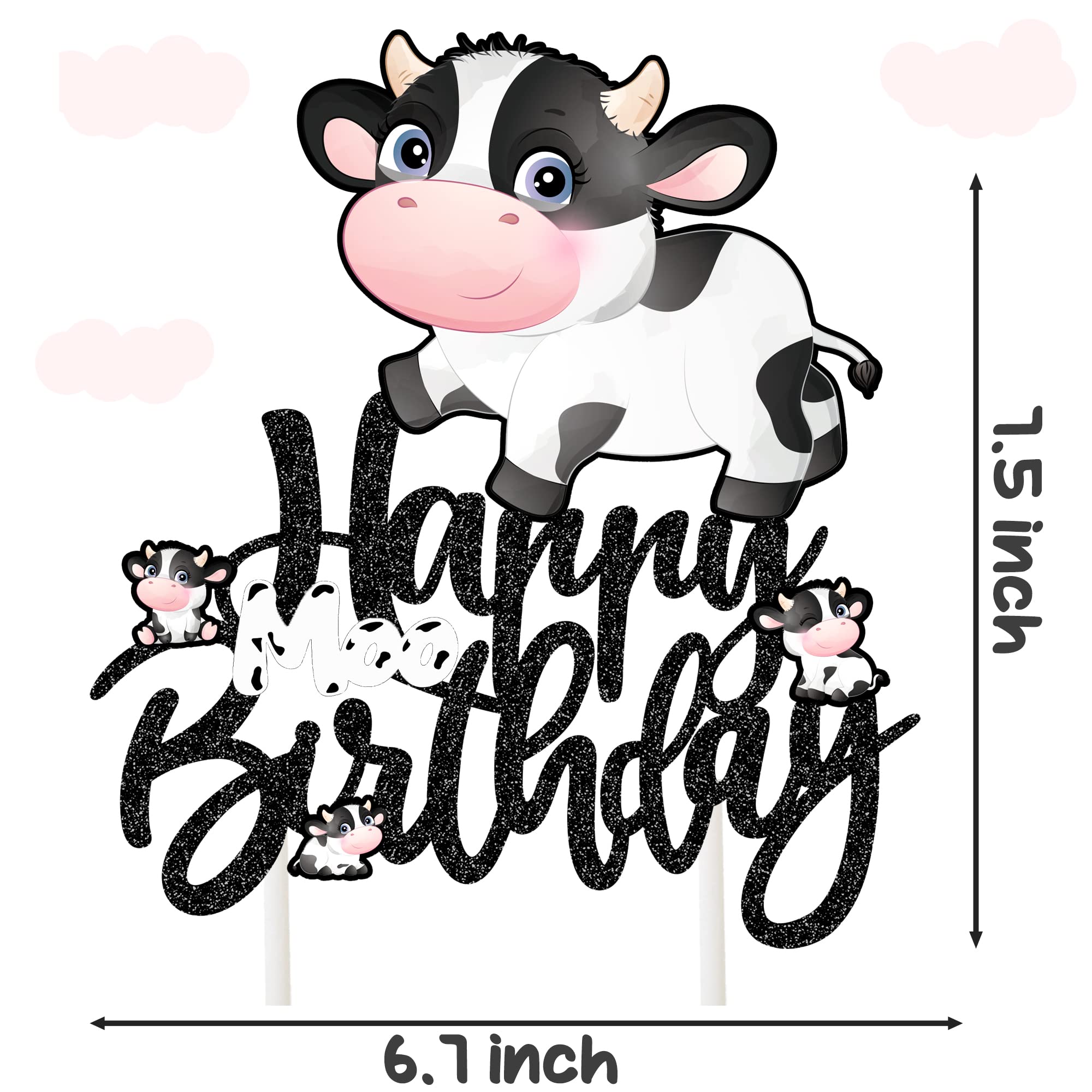 Happy Birthday Cow Cake Topper - Glitter Farm Animal Party Decorations for Kids Birthday, Baby Shower & Zoo Themed Events - Perfect for Farm-Themed Cakes, Cupcakes and Party Desserts
