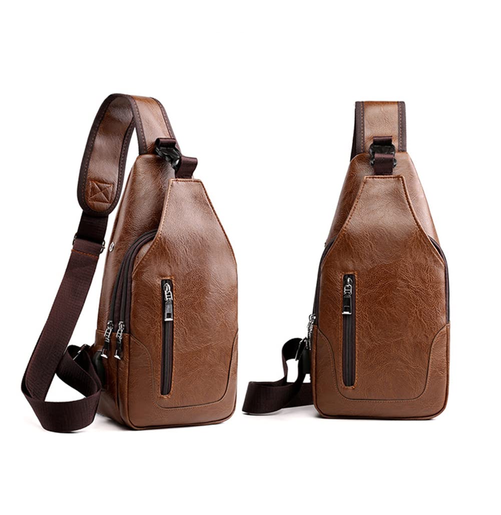 D.LerBung Men's Leather Sling Bag - Water Resistant Anti-Theft Crossbody Chest Shoulder Backpack with USB Charging Port - Perfect for Travel, Hiking, Commuting & Daily Use