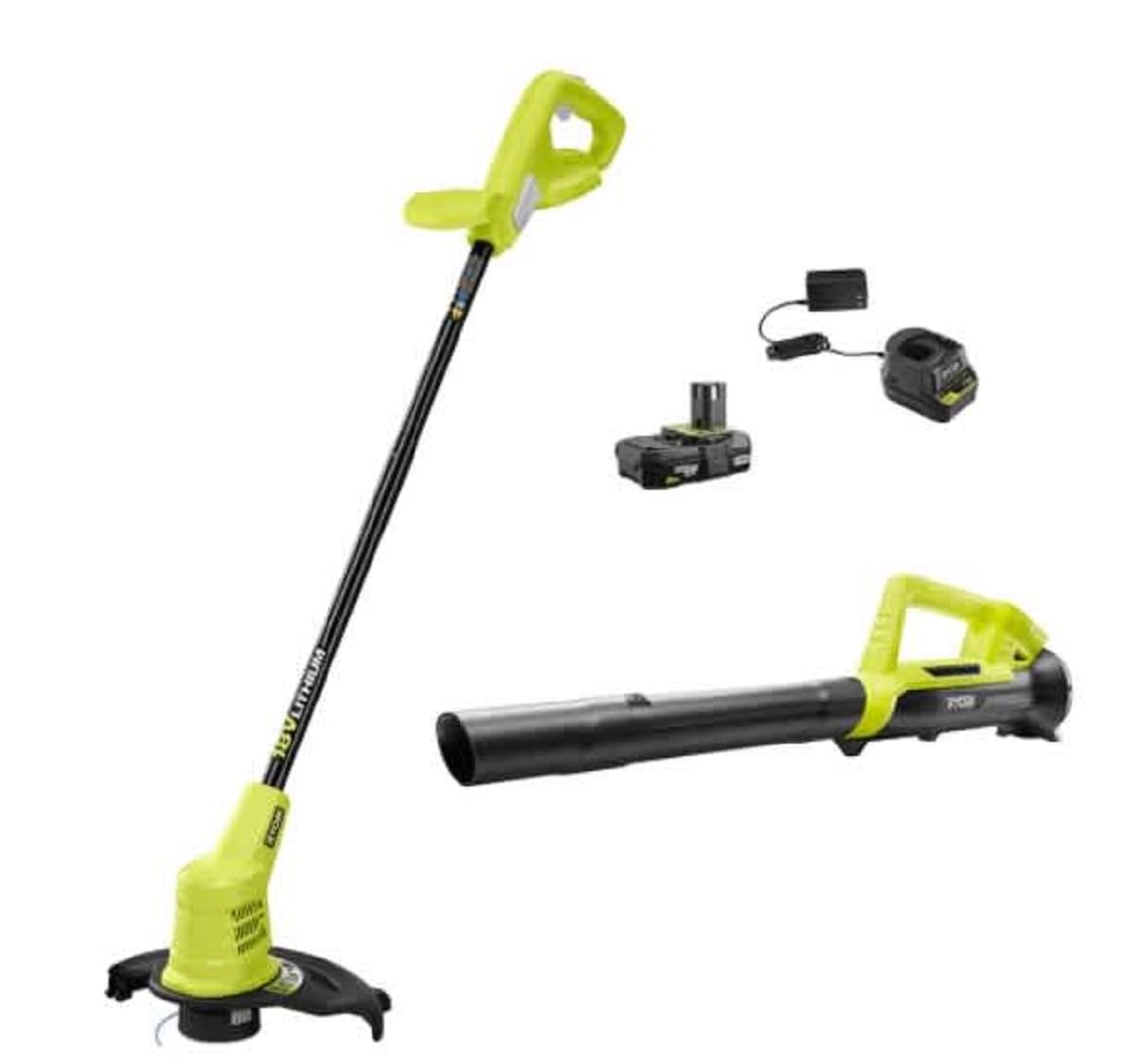 RYOBI 18V ONE+ 10-Inch Cordless Battery String Trimmer and Blower Combo Kit with 2.0Ah Battery & Charger - Perfect for Lawn Care, Yard Maintenance, and Landscaping