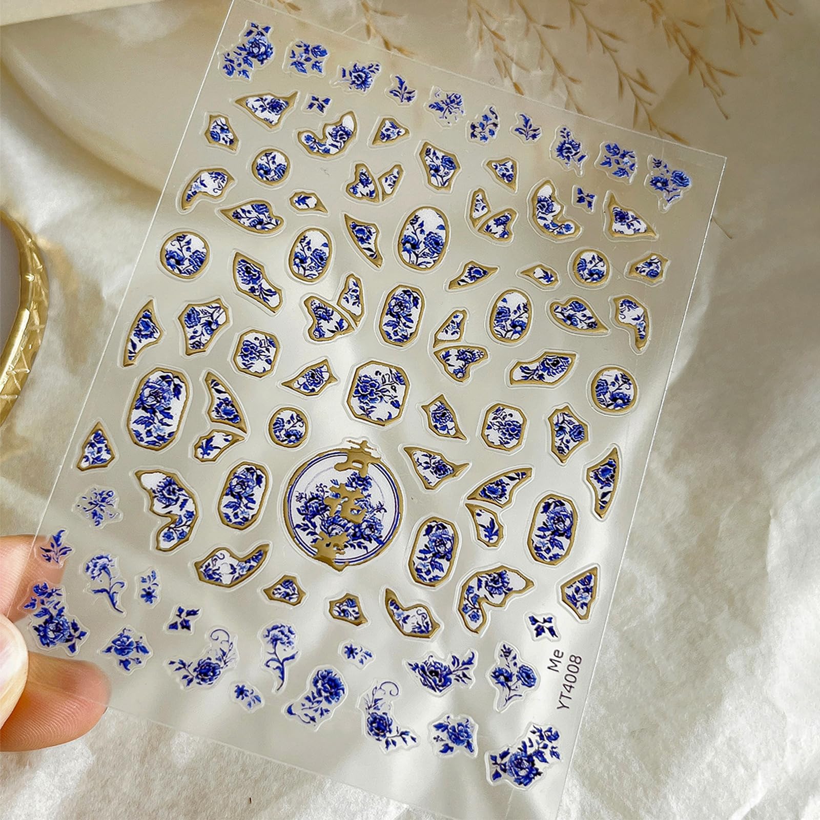 Blue and White Porcelain Nail Stickers - Chinese Style Floral Nail Art Decals with Adhesive Backing, Small Flower French Manicure Supplies, Irregular Bronzing Nail Decor for DIY Nail Design | Perfect for Wedding, Party, and Special Occasion Nail Art