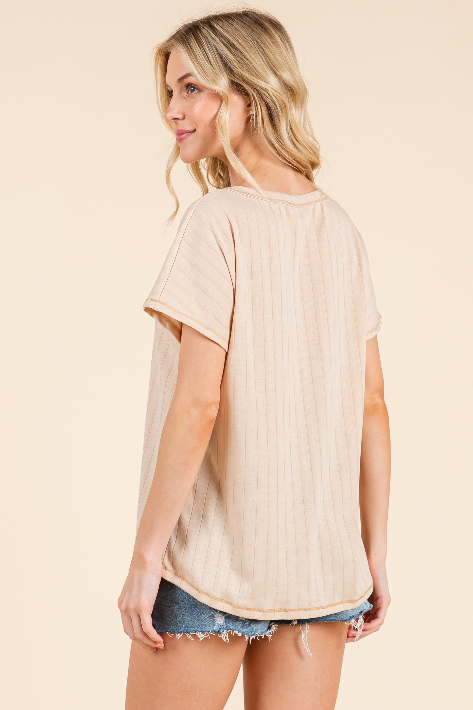 Beige Ribbed Relaxed Tee for Women - Soft Casual T-Shirt for Everyday Wear | Perfect for Lounge, Outings & Layering