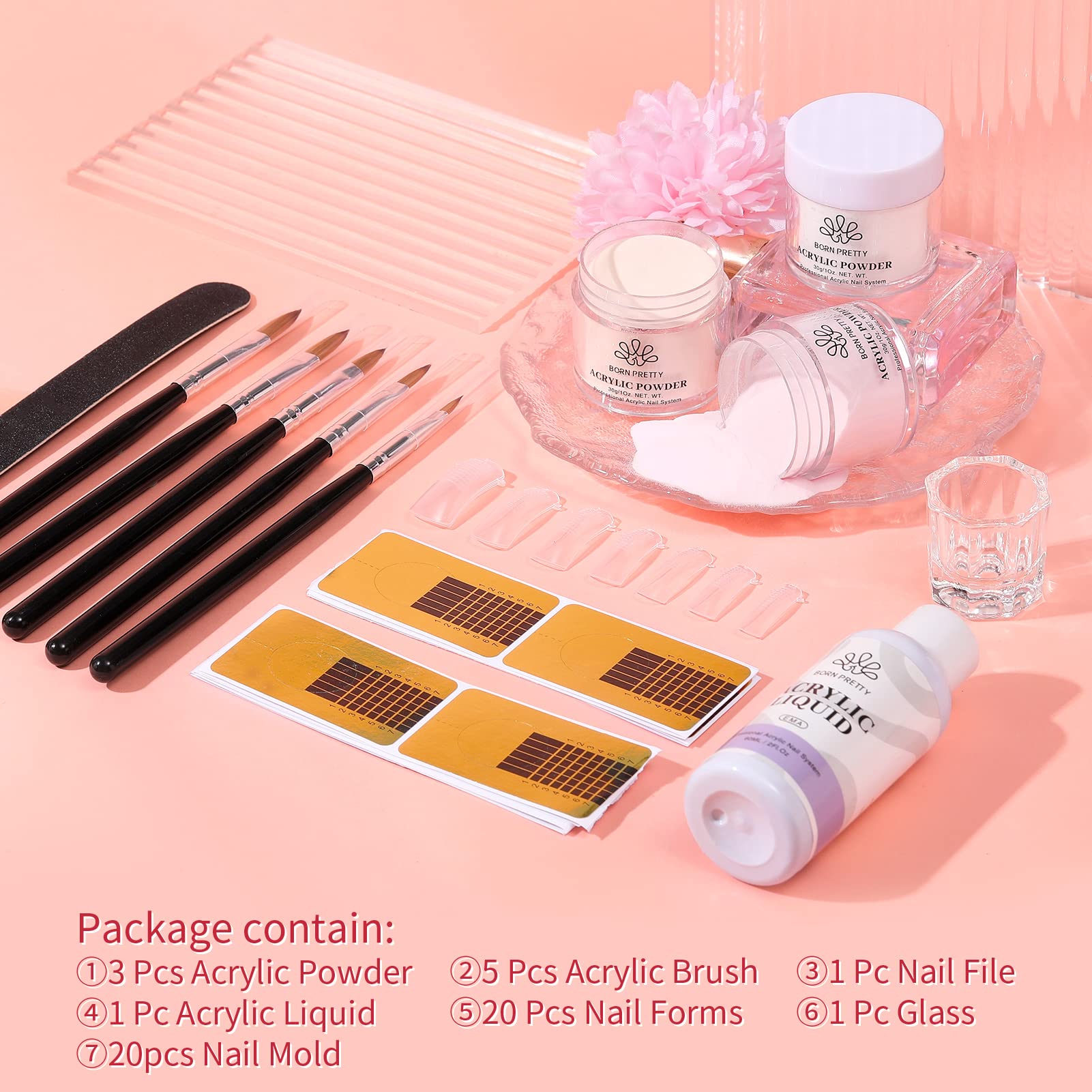 BORN PRETTY Acrylic Nail Kit with Clear Nude Pink Powder & Monomer Liquid - 30g(1oz) Professional Starter Set for Acrylic Nails Extension & DIY Manicure at Home - Perfect for Beginners & Nail Art Enthusiasts