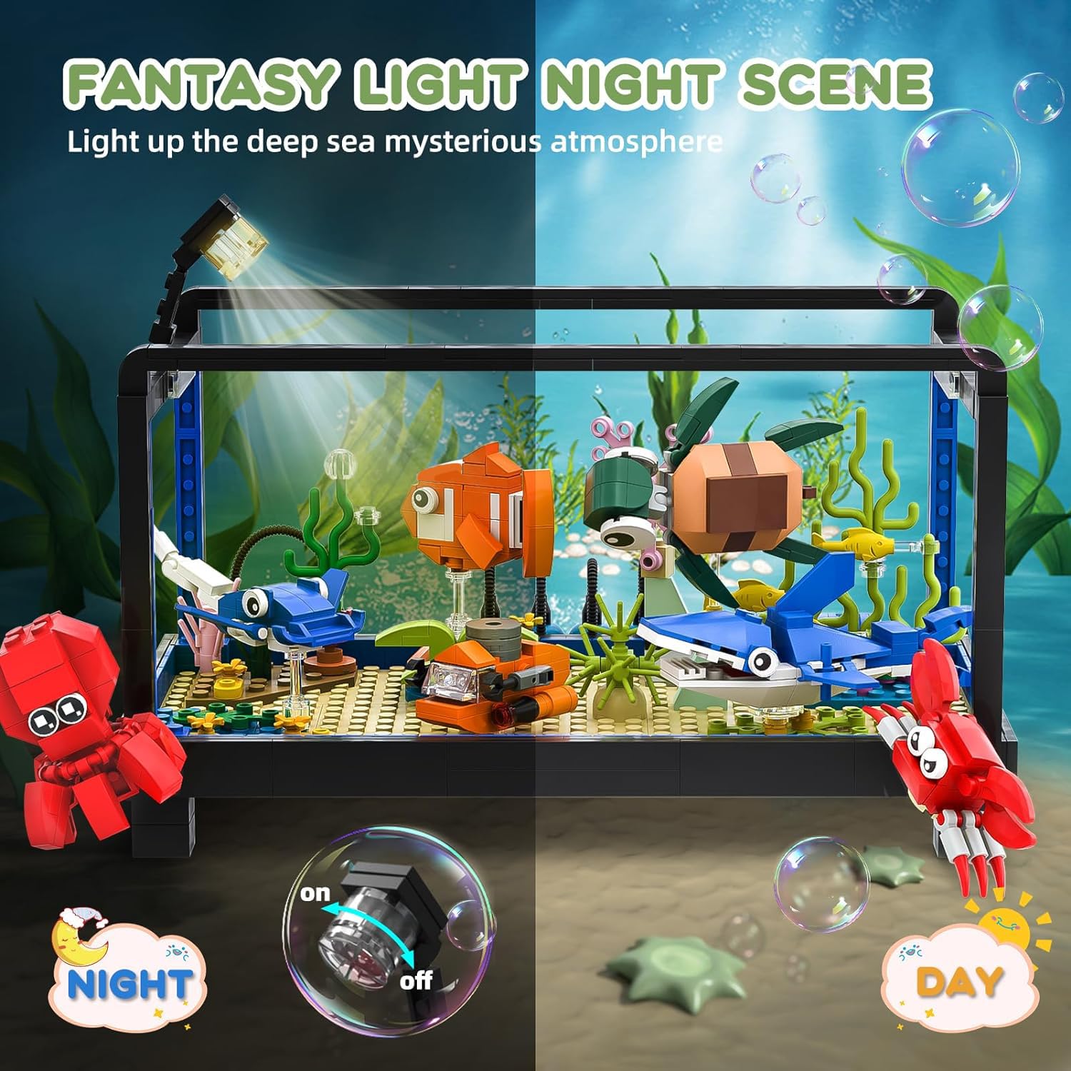 LEGO-Compatible Aquarium Building Set with Marine Life Animals & Creative Lighting - 625Pcs Educational STEM Toy for Kids Ages 6-12 | Fish Tank Model with Submarine for Home Decor & Playtime Learning