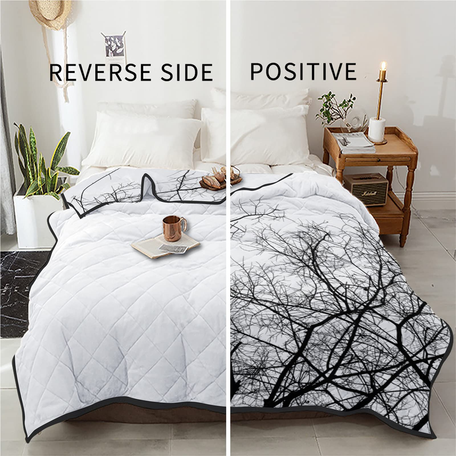 California King Size Reversible Quilt Set - Soft All-Season Bedspread Coverlet for Adults & Kids | Winter Tree Branches Black White Design | Lightweight Duvet & Throw Blanket for Bed, Couch, Sofa (Home Decor, Guest Room, Cozy Nights)