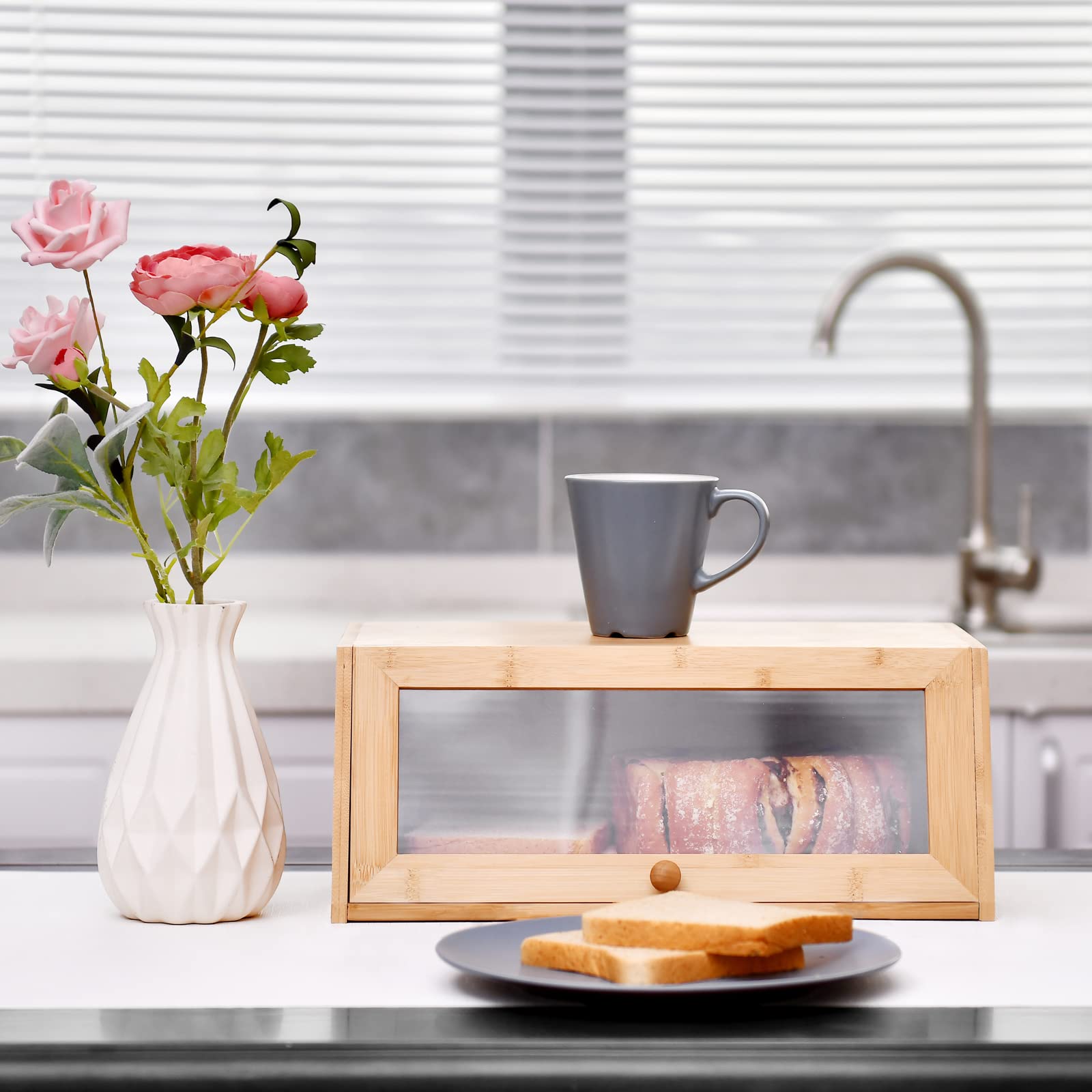 Bamboo Bread Box with Clear Window - Large Kitchen Storage Container for Bread, Sandwich, Muffins | Includes Bonus Cutting Board | Natural Wood Countertop Organizer for Fresh Bakery Storage