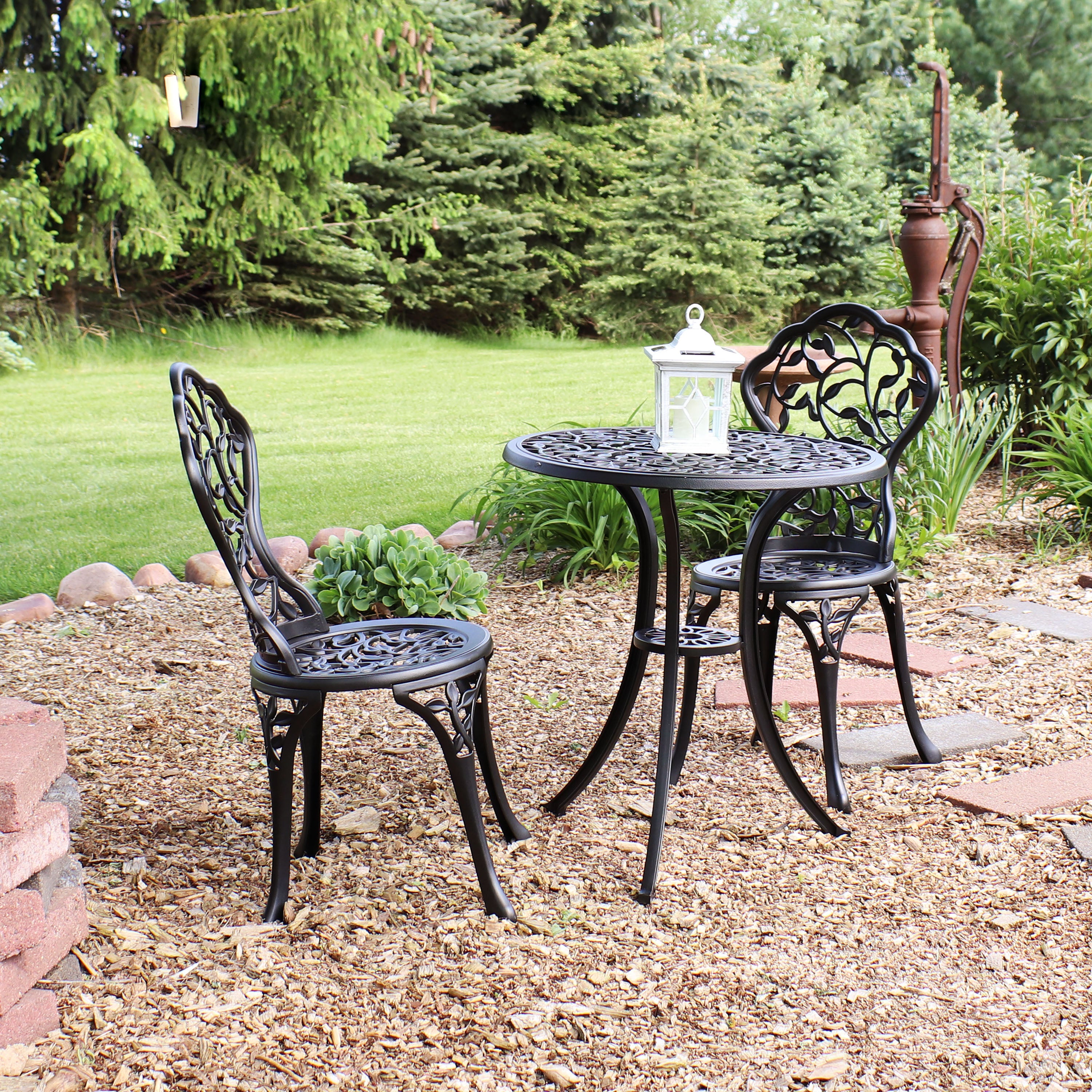 Sunnydaze 3-Piece Outdoor Cast Aluminum Bistro Set - Patio, Garden, Balcony Dining Furniture for Small Spaces