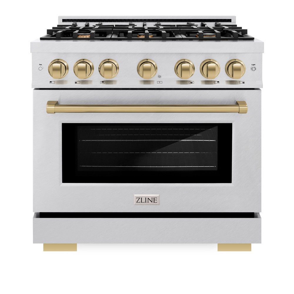 ZLINE Autograph Edition 36 Inch Dual Fuel Range - 5.2 Cu. Ft. Capacity, 6 Burner Gas Cooktop & Electric Convection Oven - Satin Stainless Steel with Champagne Bronze Accents (HDRSZ 36 CB) - Perfect for Gourmet Kitchens & Professional Style Cooking