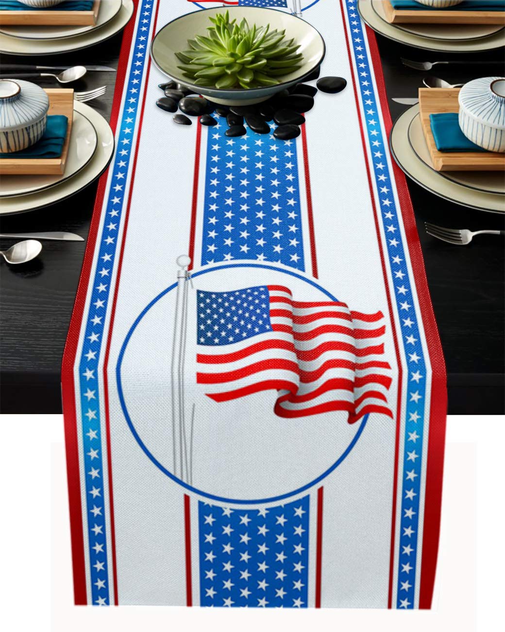 70 Inch Cotton Linen Table Runner - American Flag Patriotic Tablecloth for Independence Day, Kitchen Dining Table Decor, Bedroom Dresser Scarf | Perfect for 4th of July Parties, Home Decor & Holiday Celebrations