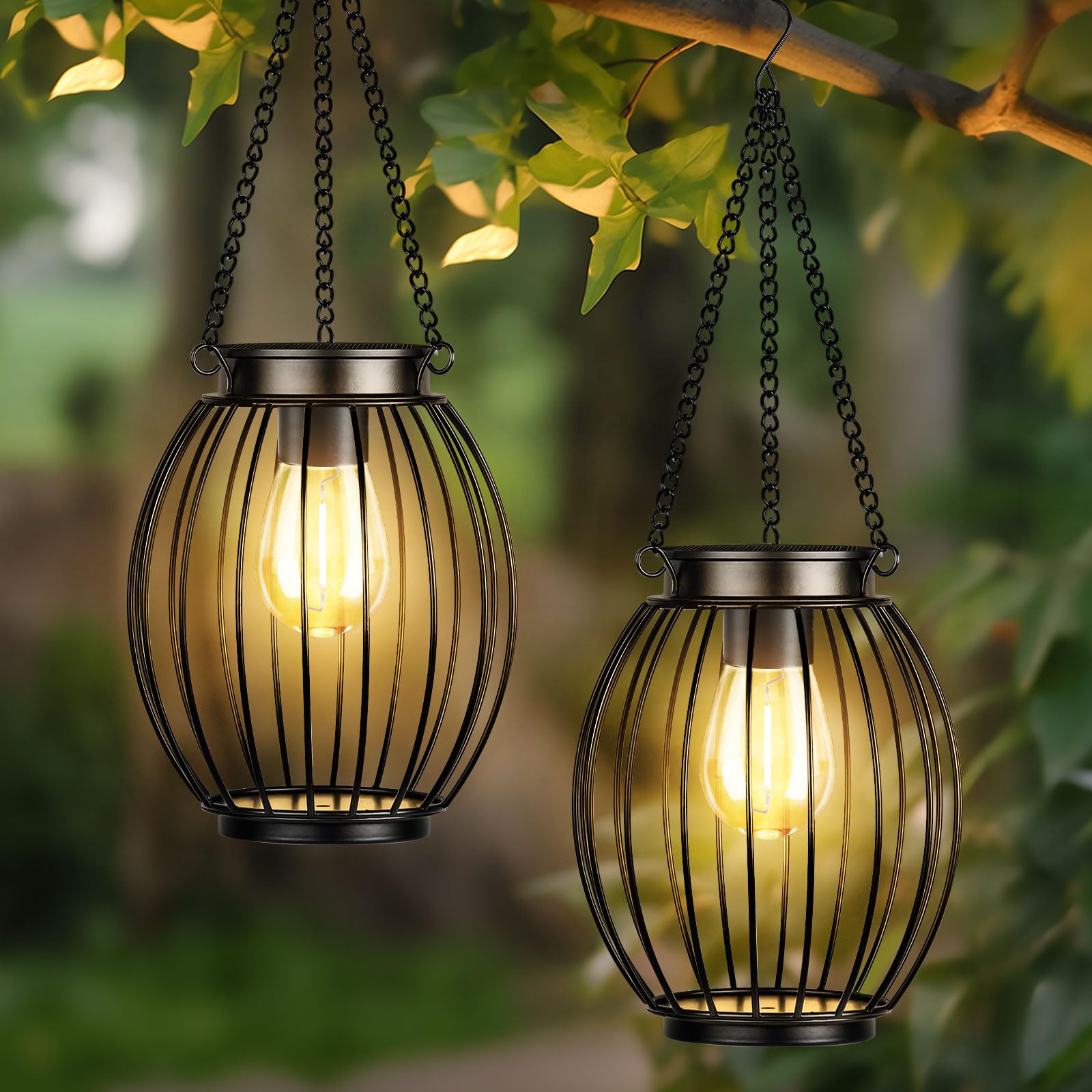Solar Powered Outdoor Hanging Lanterns - Waterproof Metal Garden Lights with Hook (2 Pack) - Perfect for Patio, Porch, Pathway & Christmas Decor - Includes LED Bulbs - Ideal for Backyard, Camping & Evening Ambiance