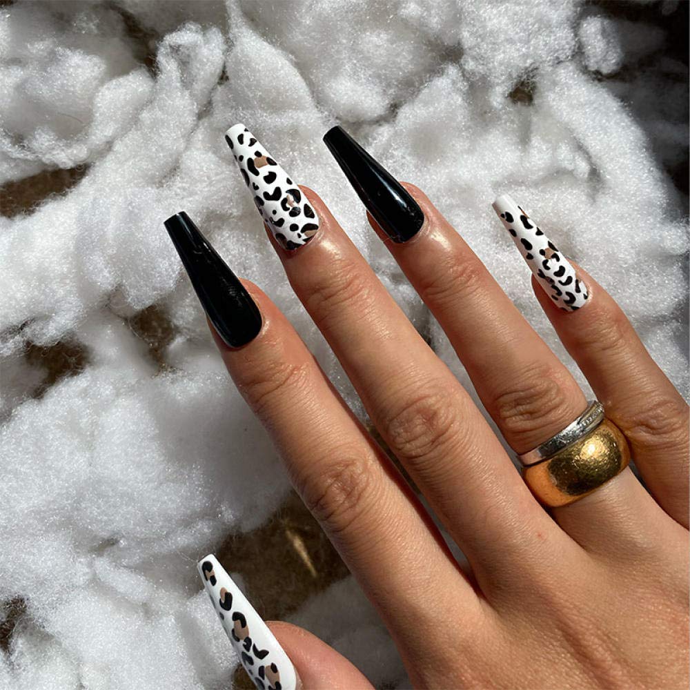 24-Piece Extra Long Coffin False Nails Set - Elegant Purple Shiny Ballet & Yellow Leopard Print Press-On Nails with Glue | Perfect for Parties, Weddings & Special Occasions