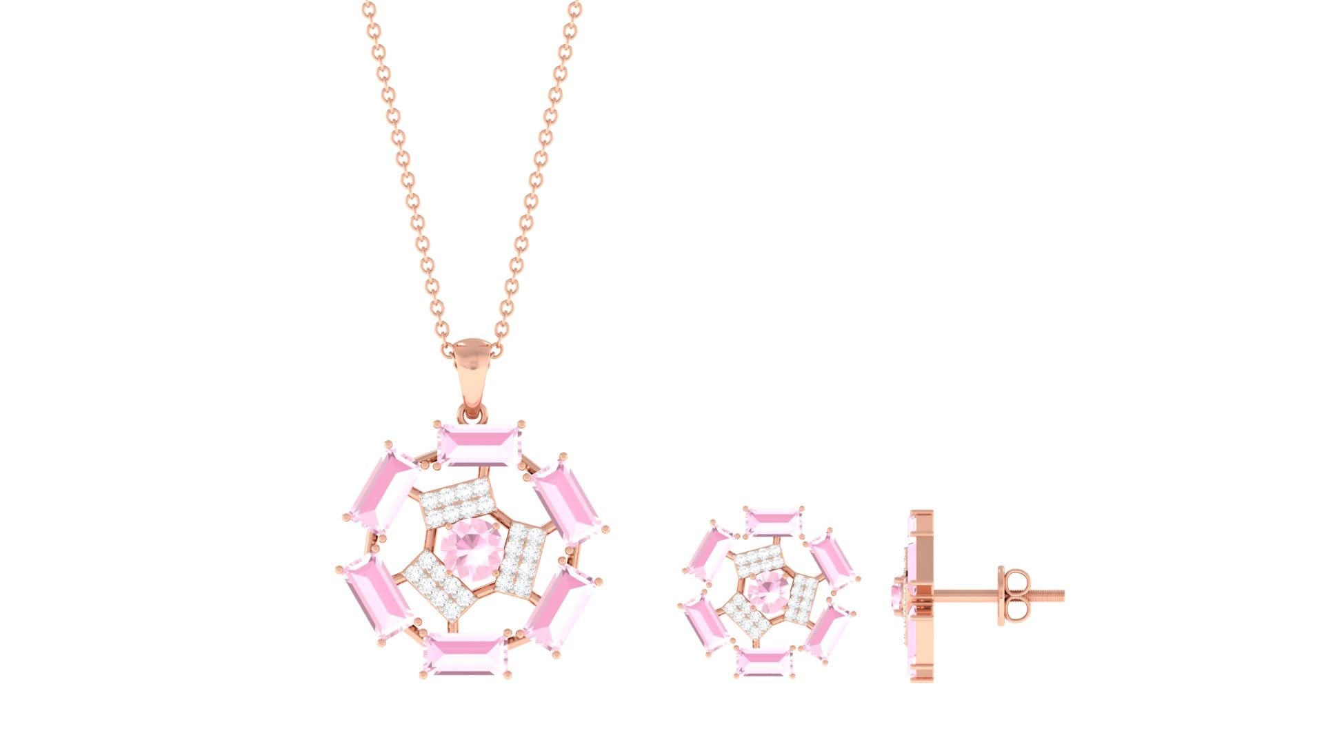5.25 CT Rose Quartz & Diamond Jewelry Set for Women - 14K Solid Gold Pendant & Earrings Set with Chain | Elegant Prong-Set Contemporary Jewelry | Perfect for Weddings, Anniversaries & Special Occasions