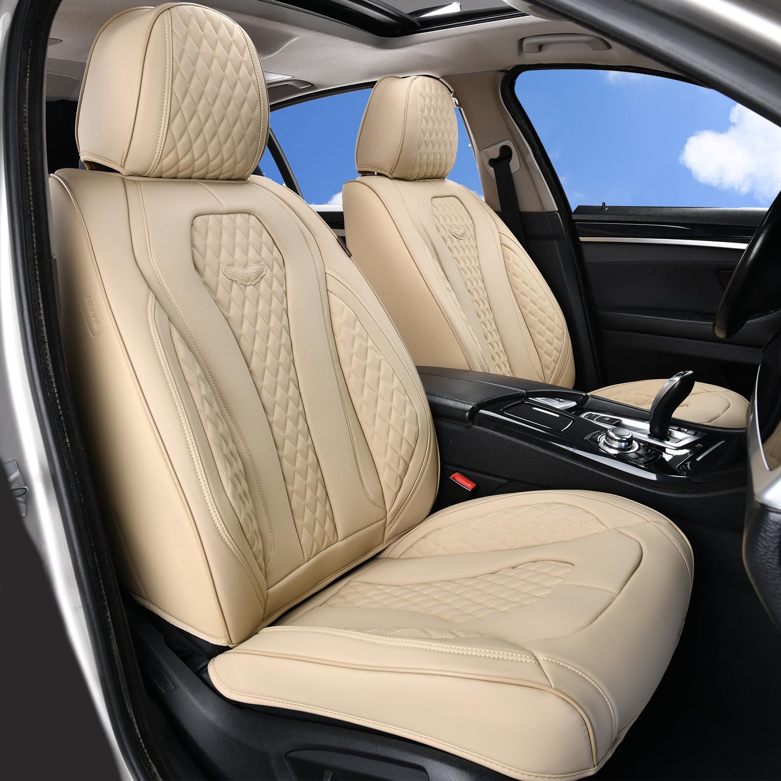 Premium Leather Car Seat Covers 2-Pack - Universal Waterproof Leatherette Front Seat Protectors for Cars, Trucks & SUVs - Luxury Beige Auto Seat Cushions for Comfort & Style - Perfect for Daily Commute, Road Trips & Vehicle Protection