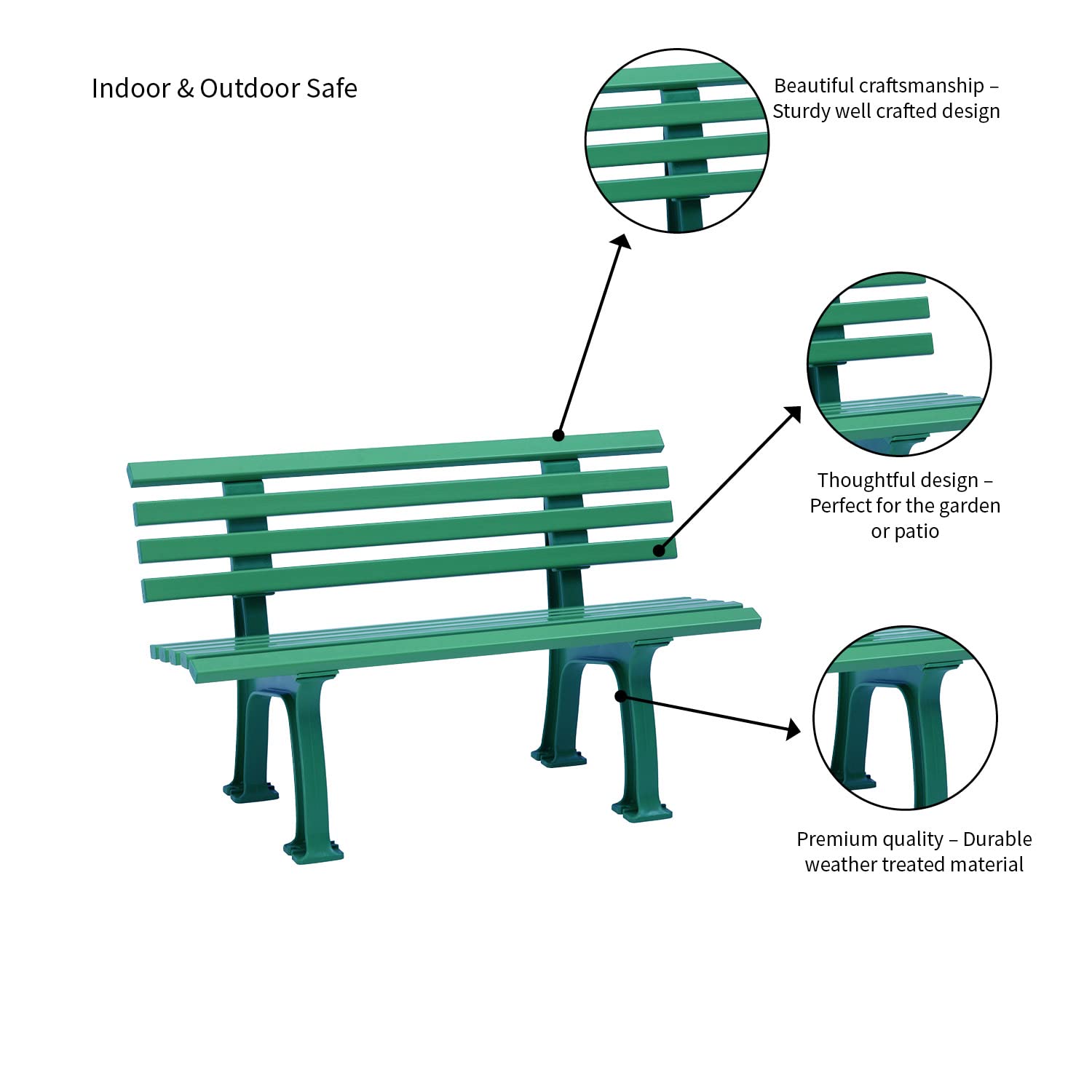 Weatherproof German PVC Outdoor Bench - Heavy Duty 500 lbs Capacity - Steel & Resin Garden Patio Furniture for Porch, Park, Deck - Green - Perfect for Backyard, Poolside & Outdoor Relaxation