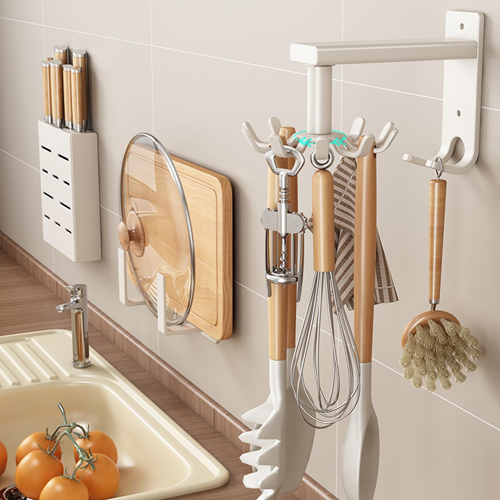 Wall Mounted Retractable Kitchen Utensil Hanger with Hooks - White Space-Saving Spoon, Spatula, and Utensil Holder for Organized Cooking in Small Kitchens